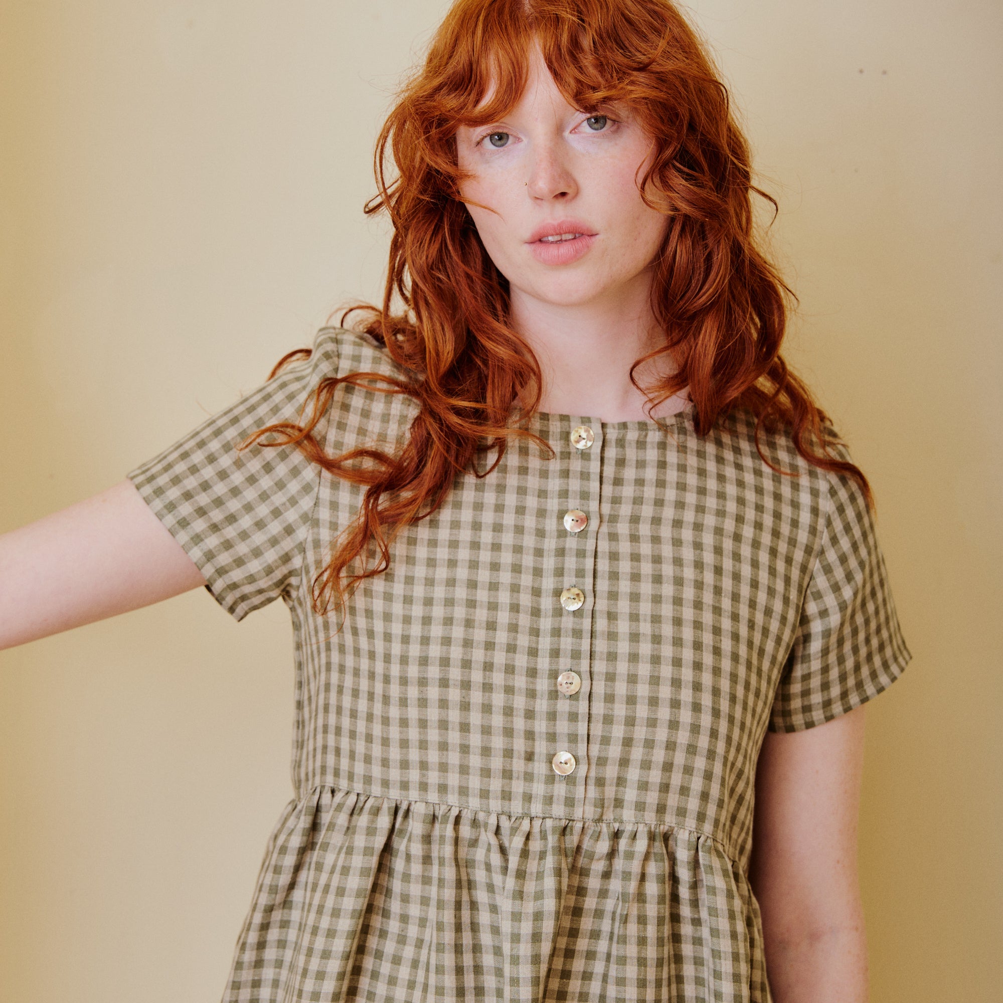 Button Down Linen Dress - Olive Check