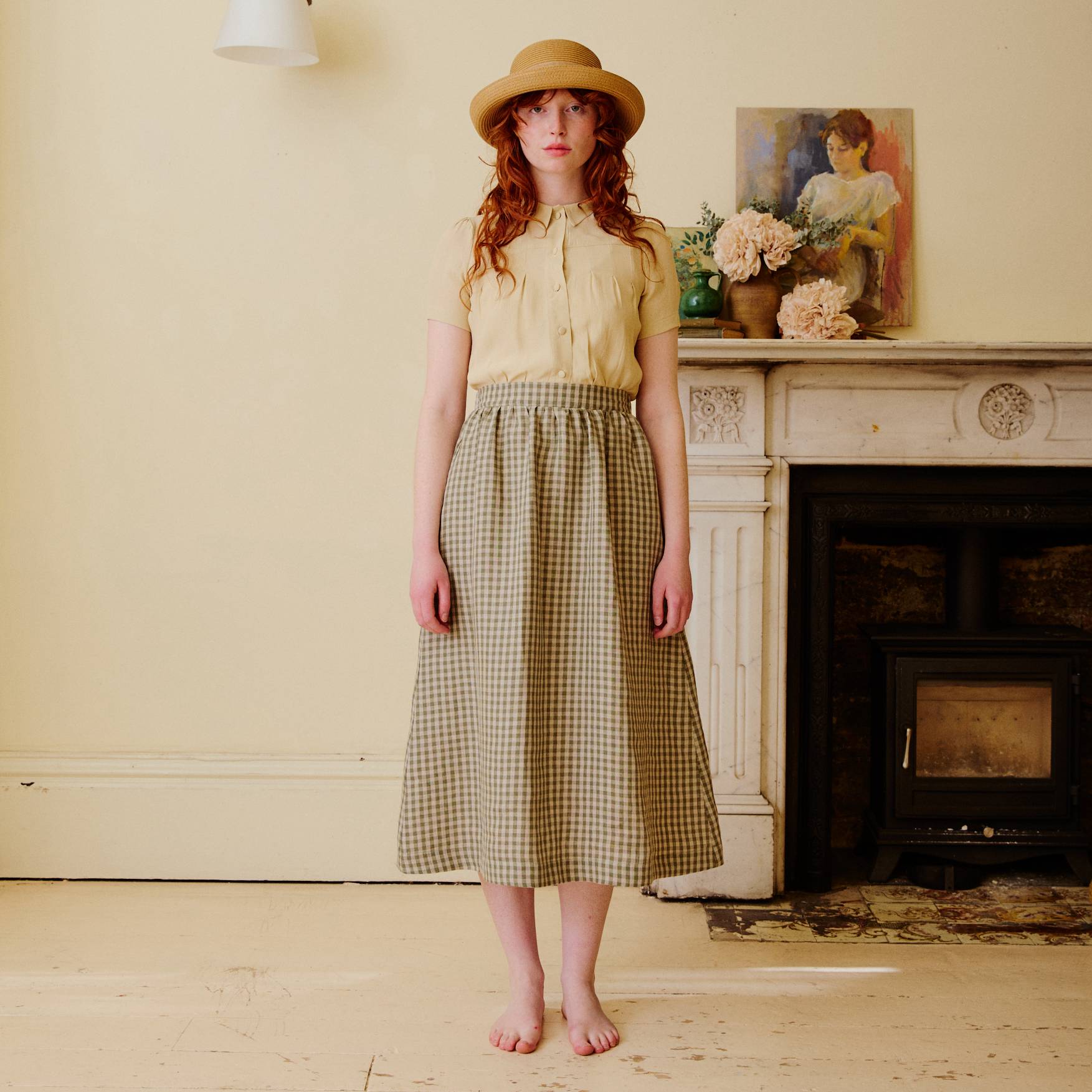 High Waisted Linen Skirt - Olive Check