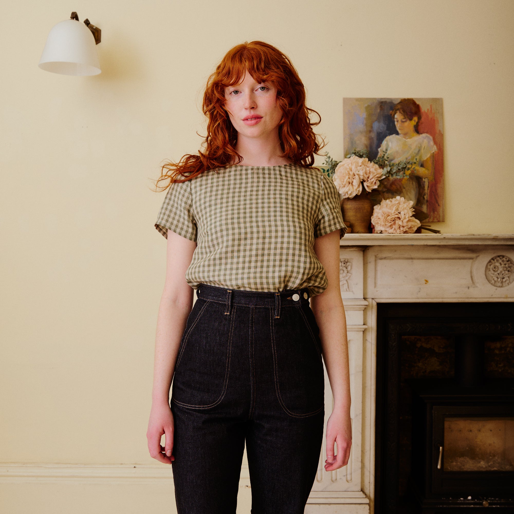 Linen t shirt green gingam