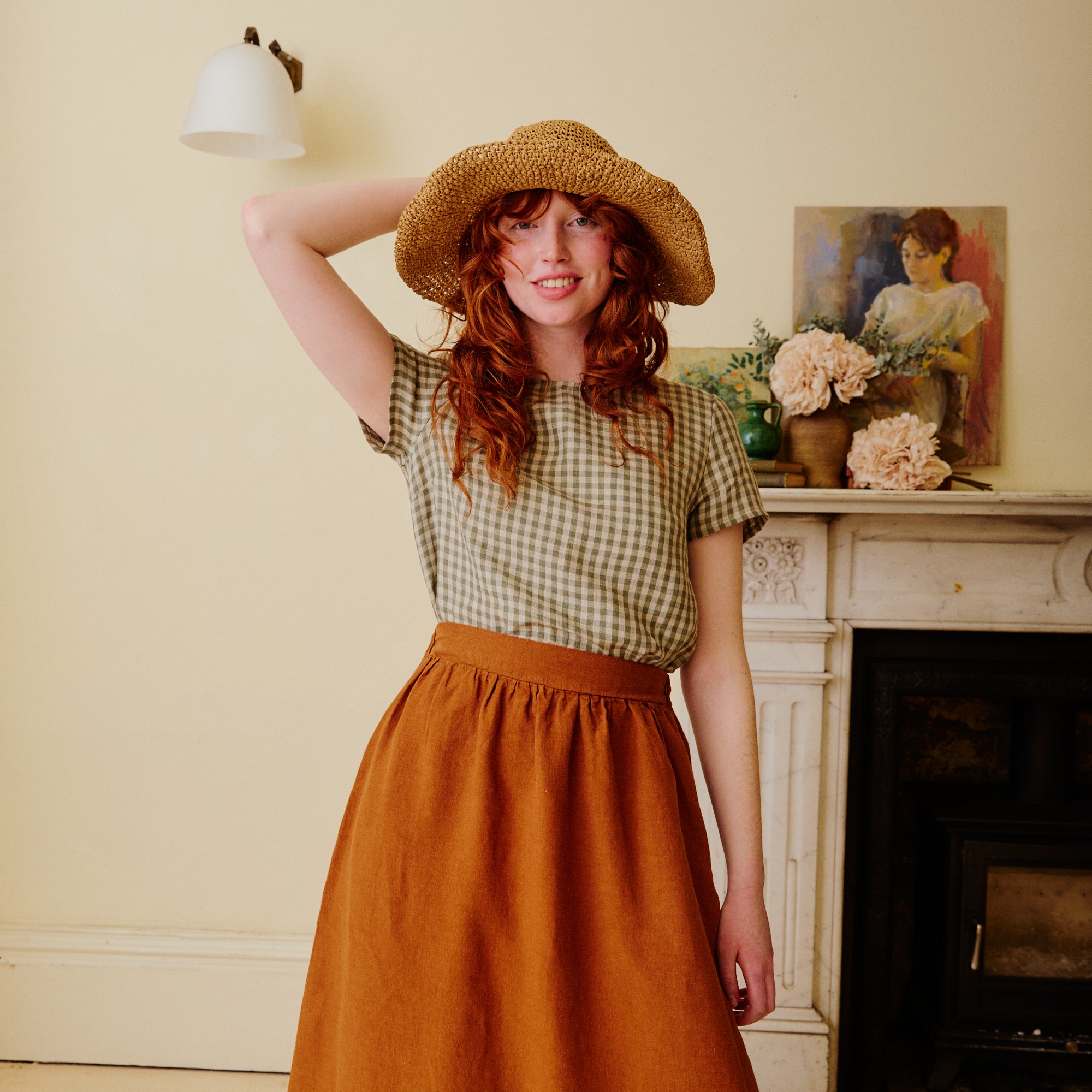 Linen Short Sleeve Top - Olive Check