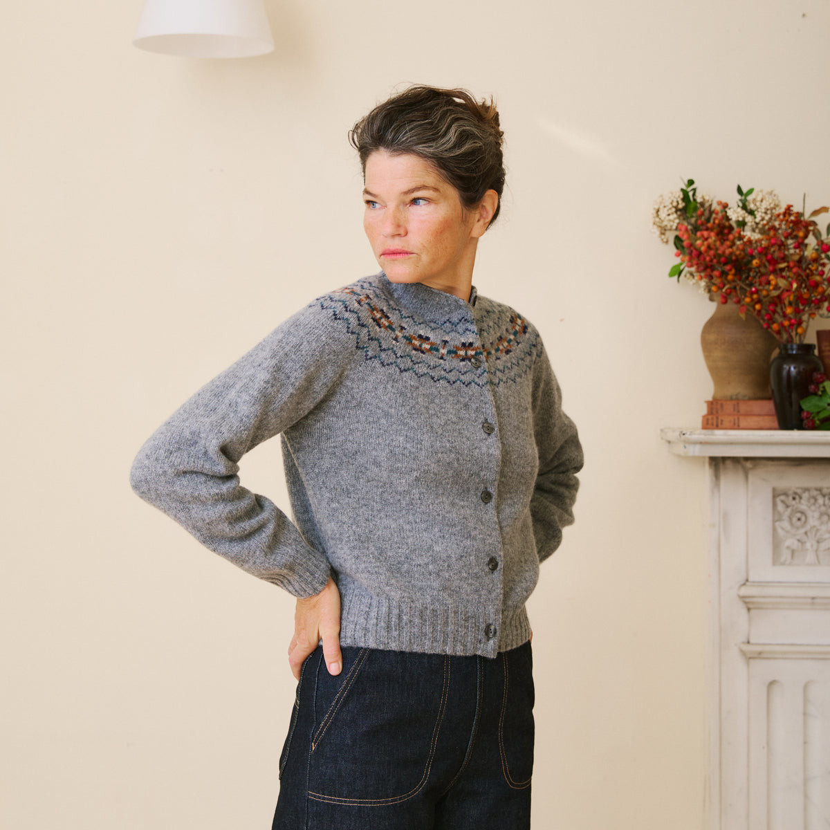 Traditional Scottish Fair Isle Yoke Cardigan - Smoke