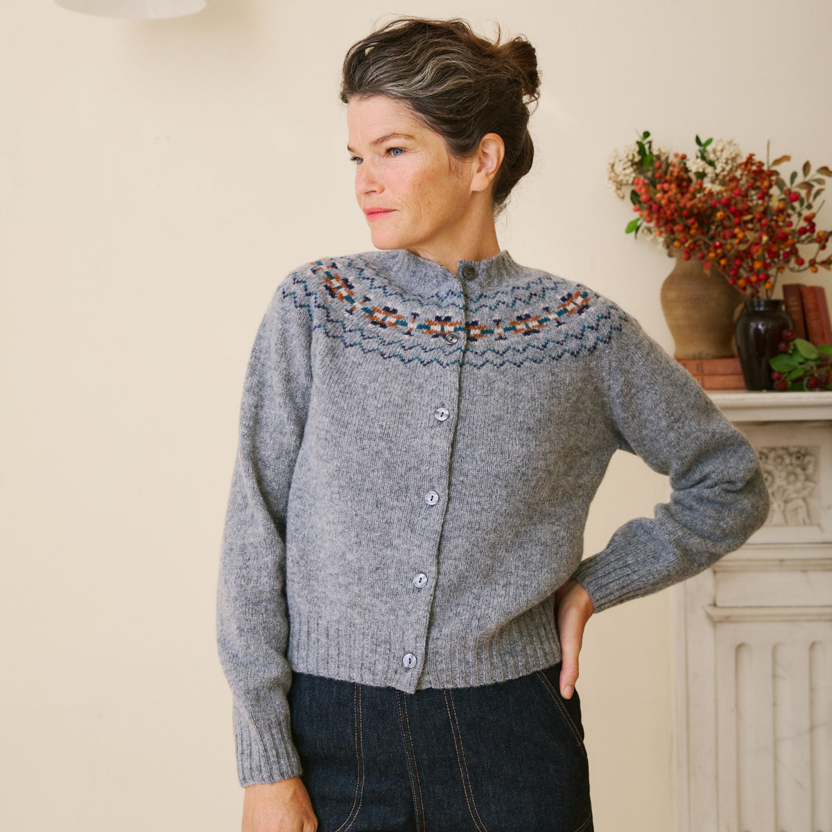 Traditional Scottish Fair Isle Yoke Cardigan - Smoke
