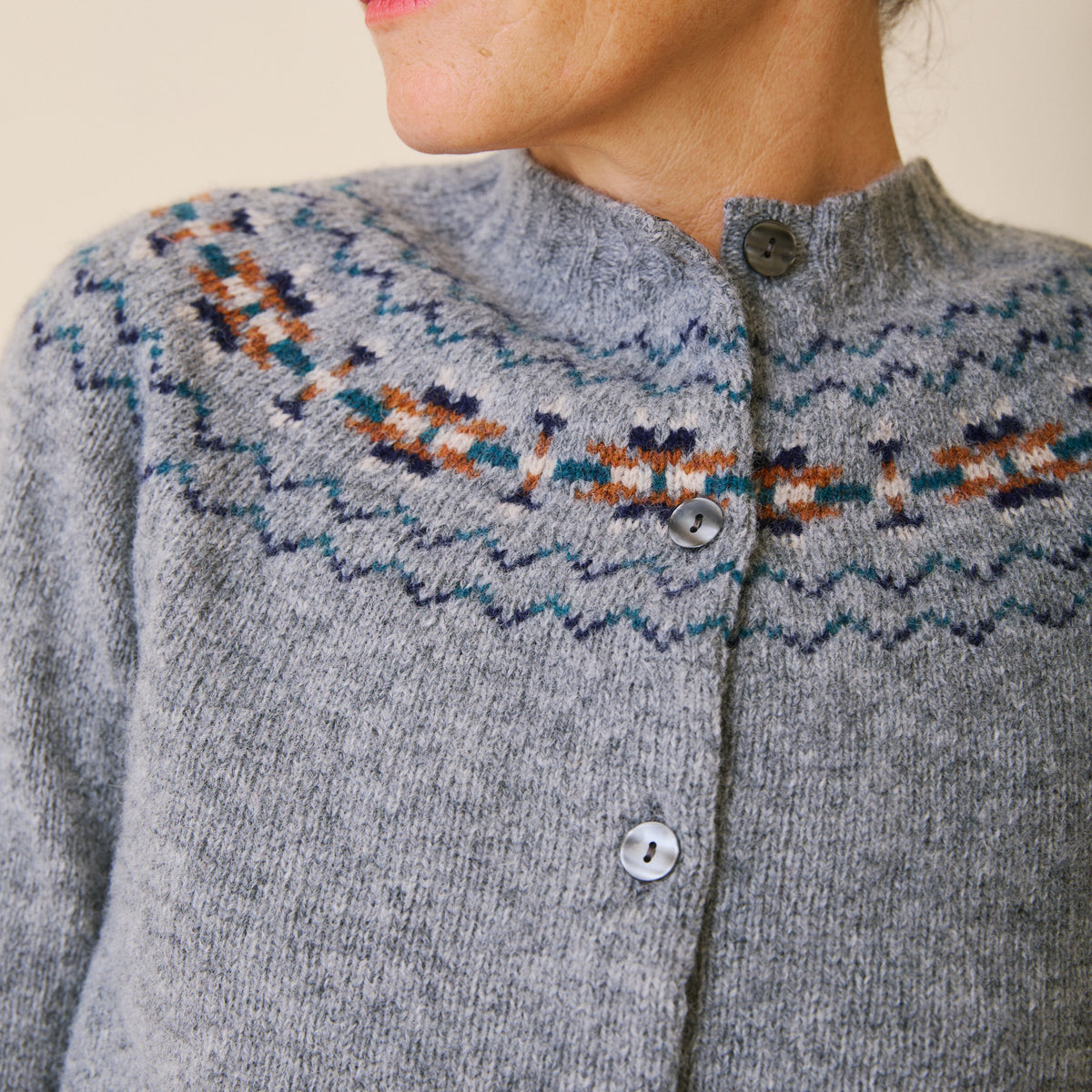 Traditional Scottish Fair Isle Yoke Cardigan - Smoke