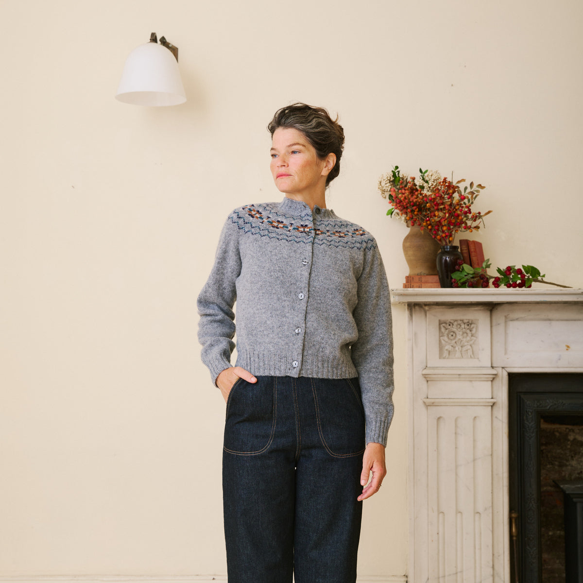 Traditional Scottish Fair Isle Yoke Cardigan - Smoke