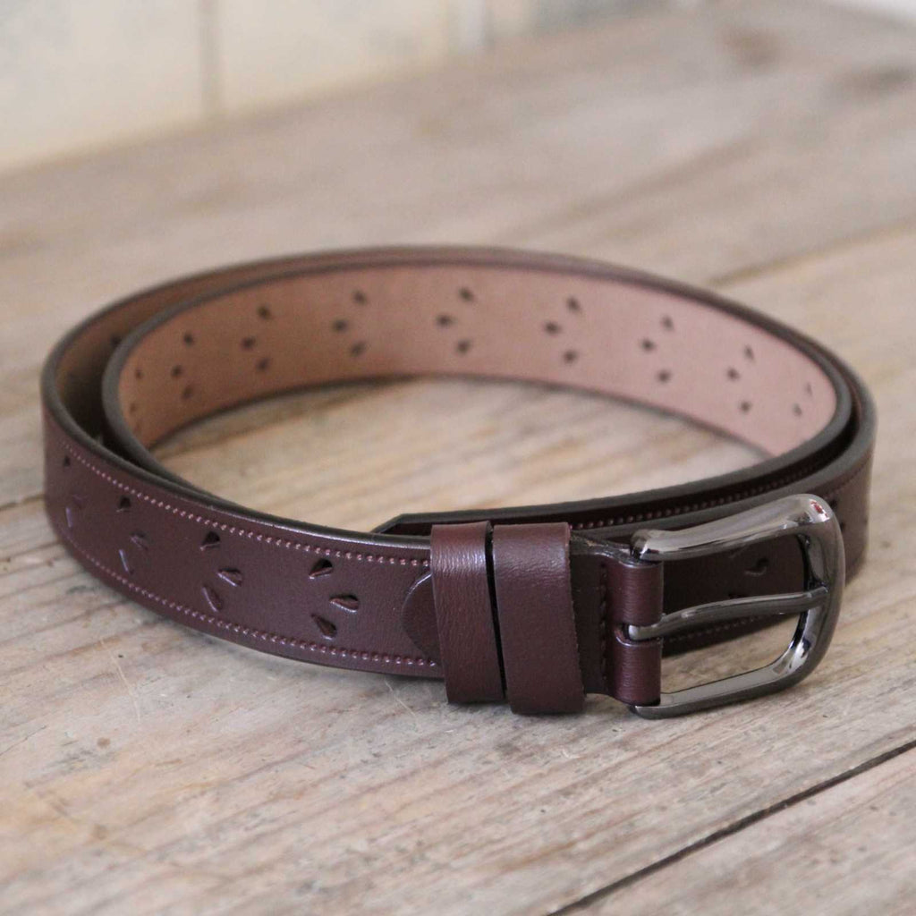 Dark Brown Leather Belt - Cut Out Detail  Genuine leather belt with small cut out details in the shape of petals