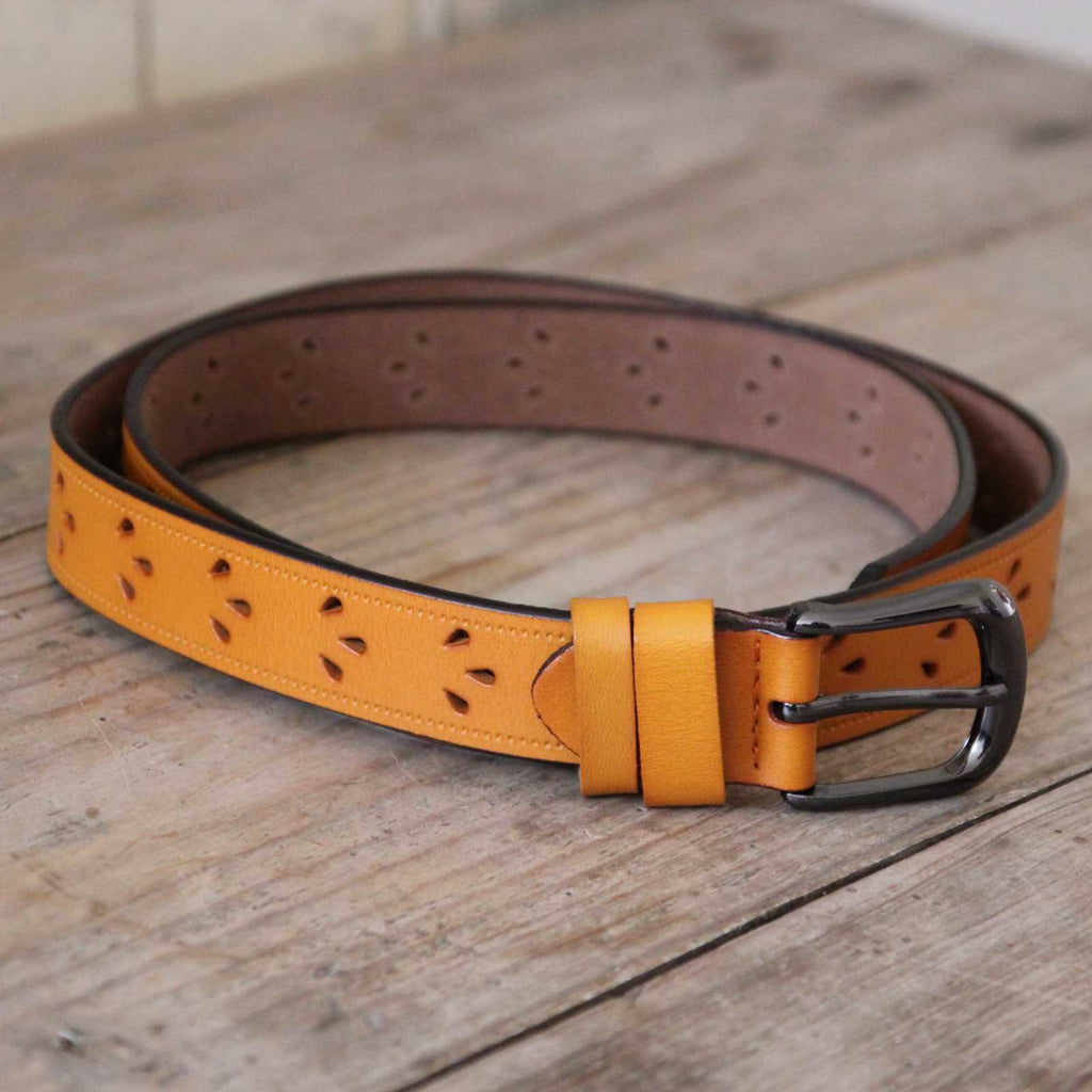 Mustard Leather Belt - Cut Out Detail  Genuine leather belt with small cut out details in the shape of petals