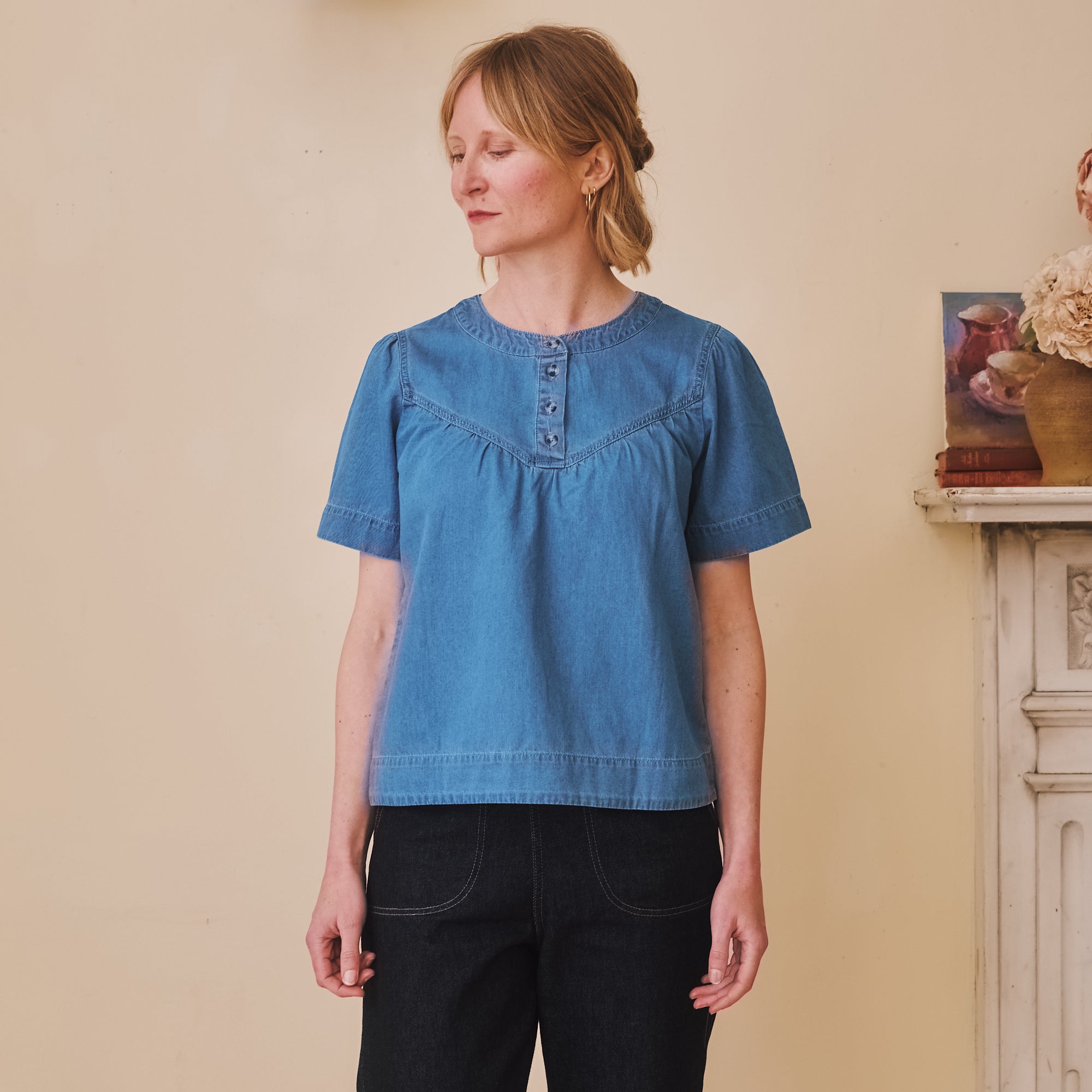 Pleated Denim Short sleeve Top