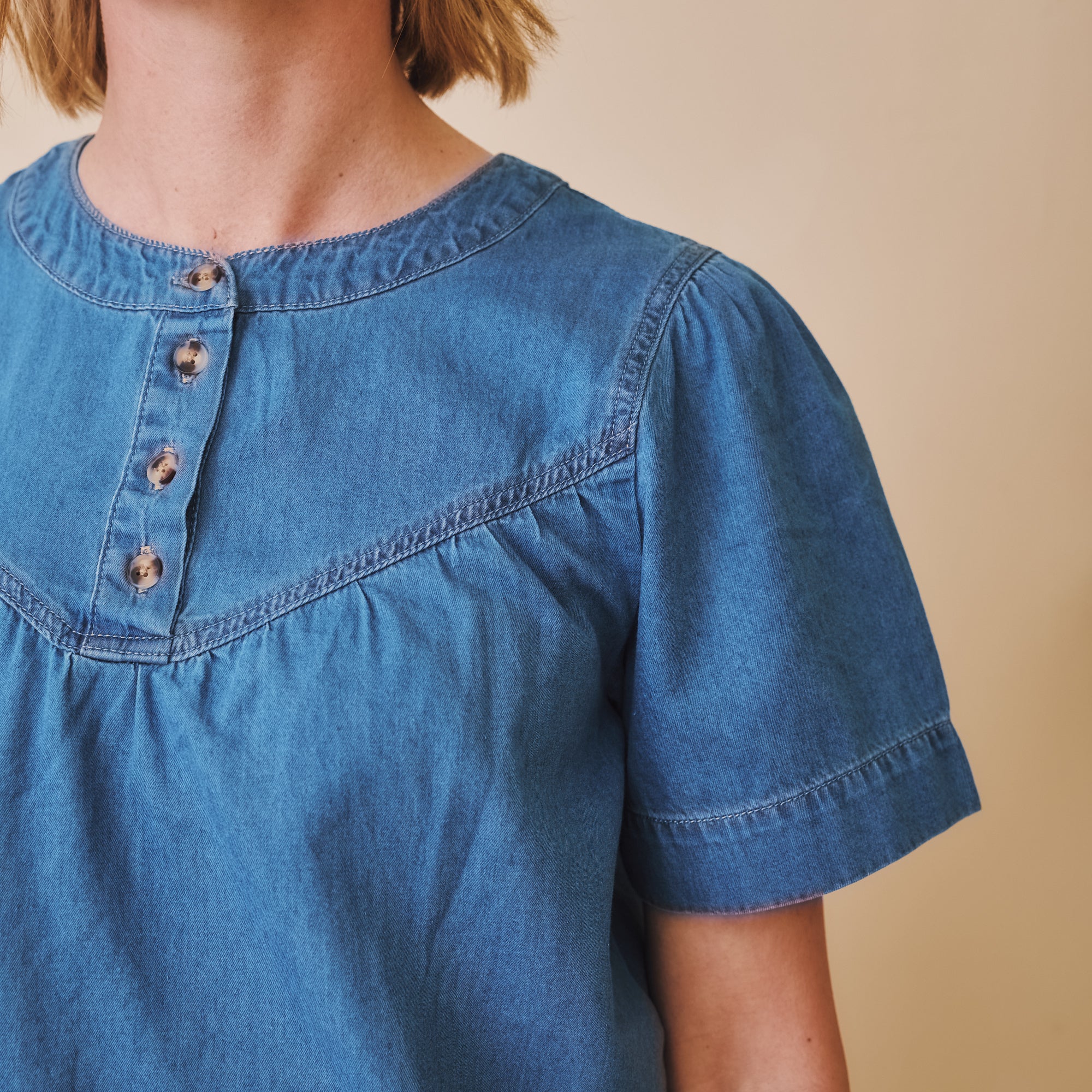 Pleated Denim Short sleeve Top