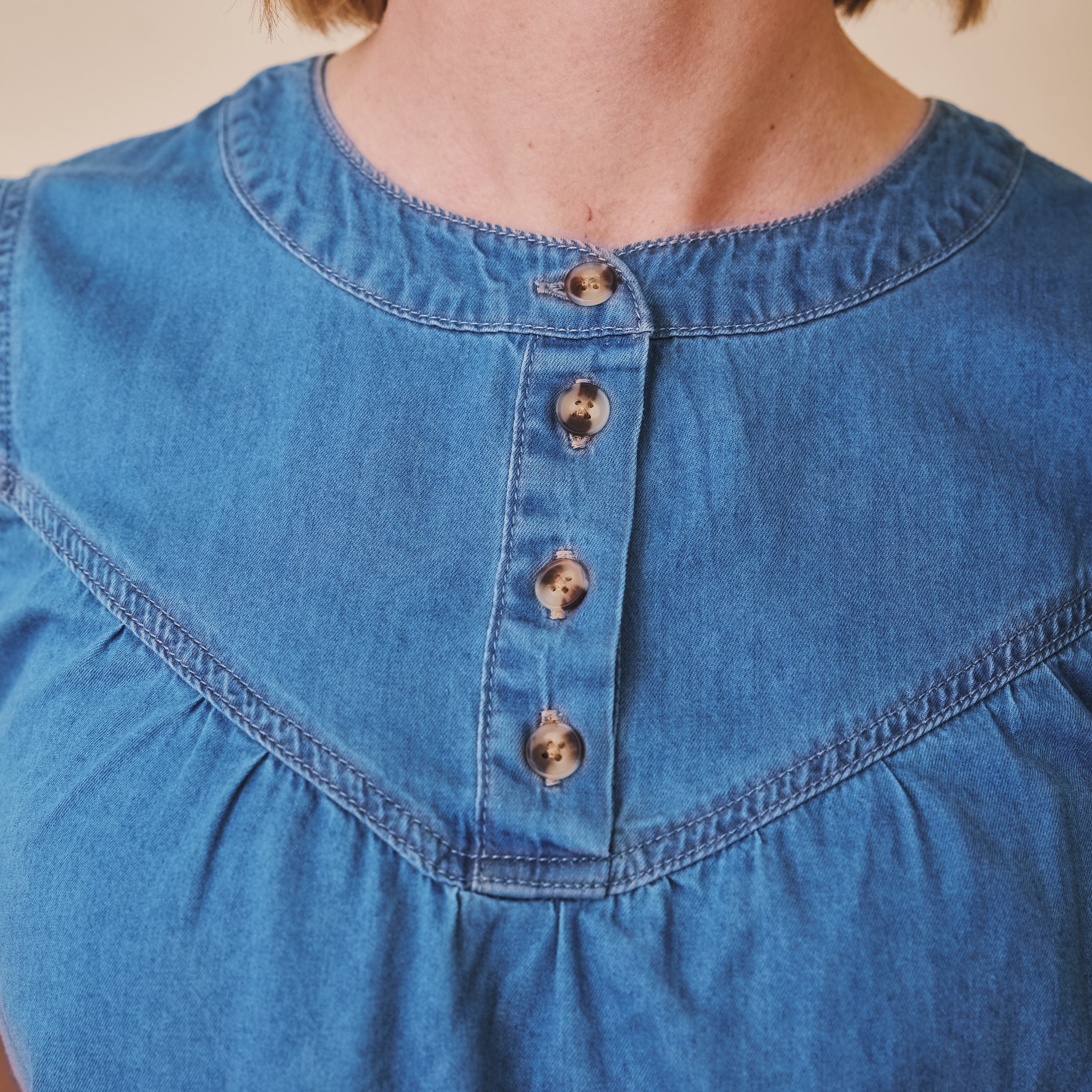 Pleated Denim Short sleeve Top