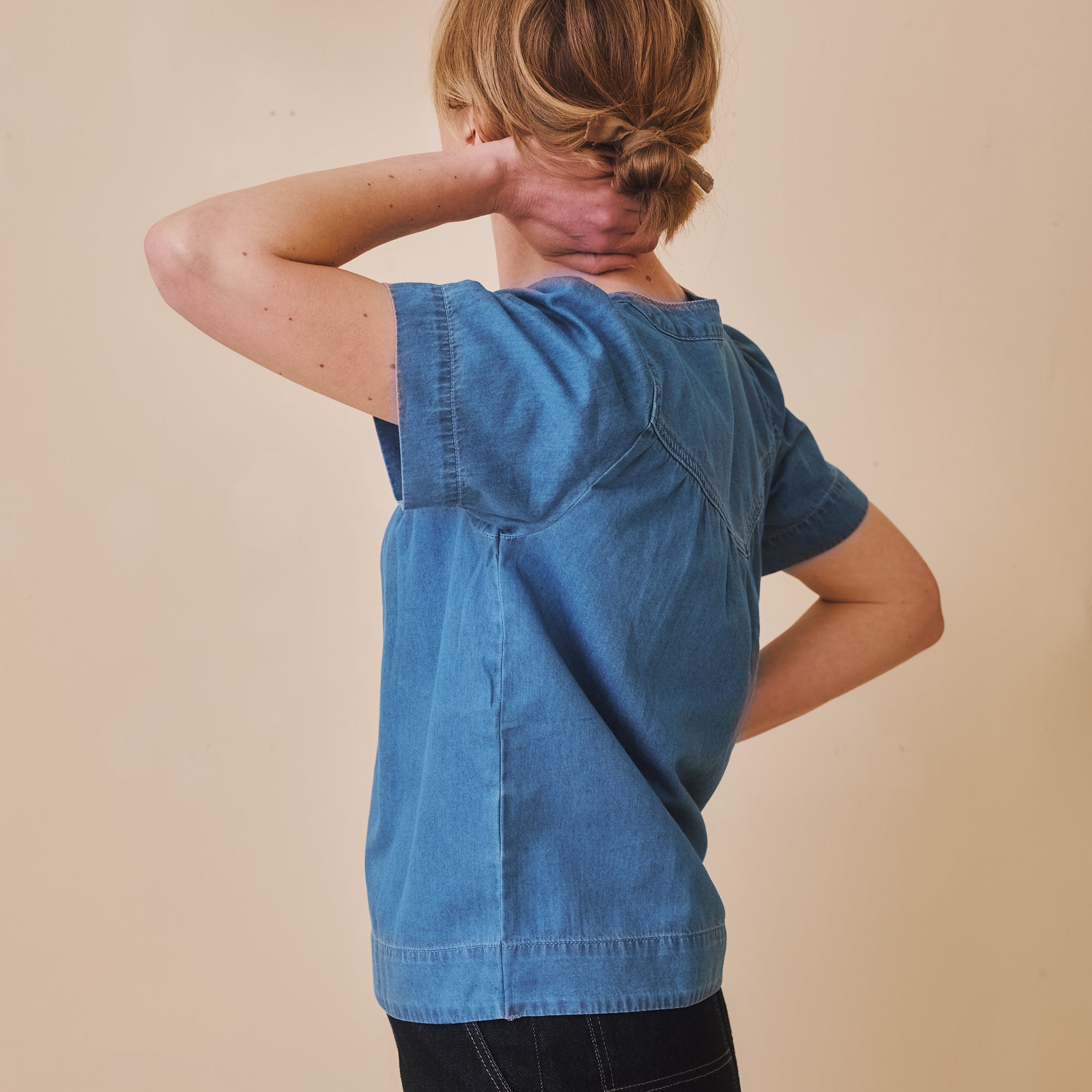 Pleated Denim Short sleeve Top