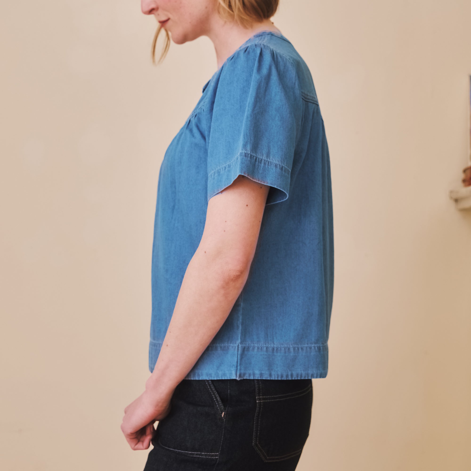 Pleated Denim Short sleeve Top