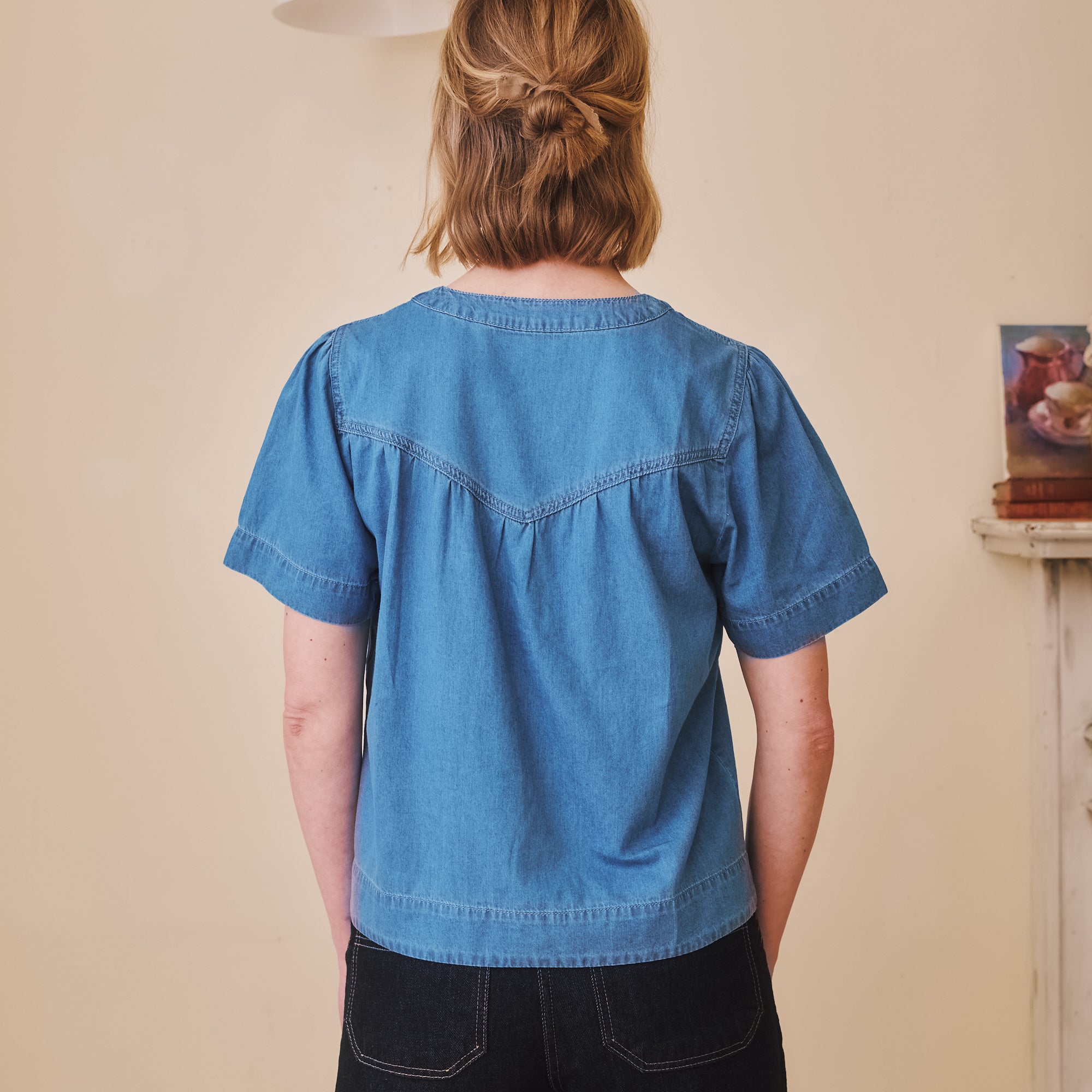 Pleated Denim Short sleeve Top