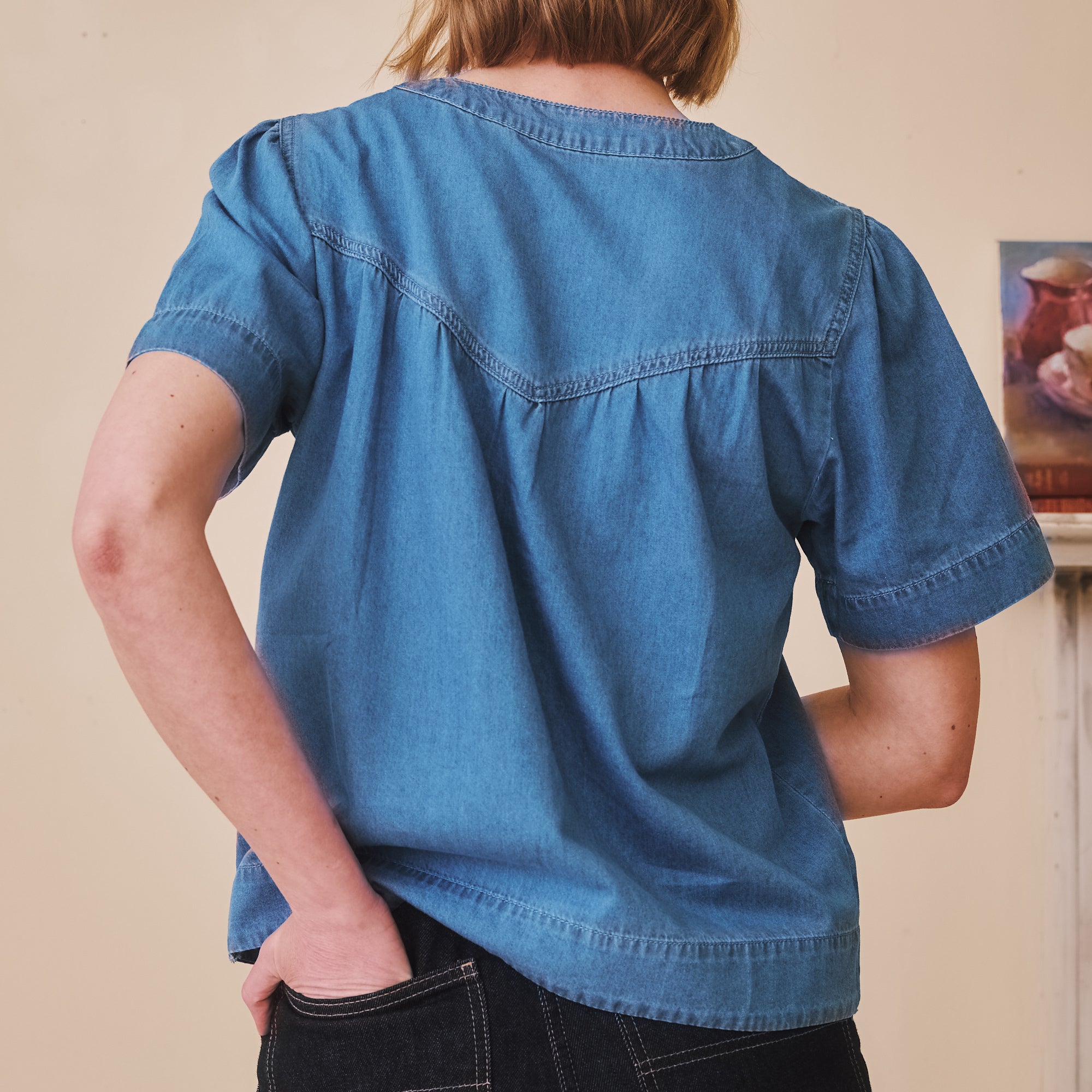 Pleated Denim Short sleeve Top