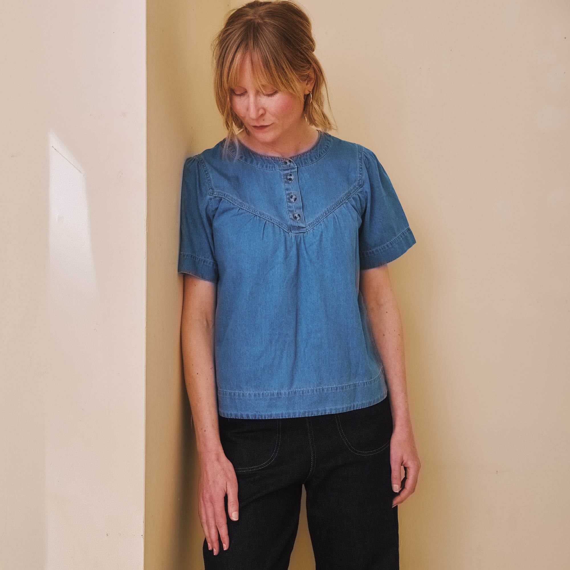 Pleated Denim Short sleeve Top