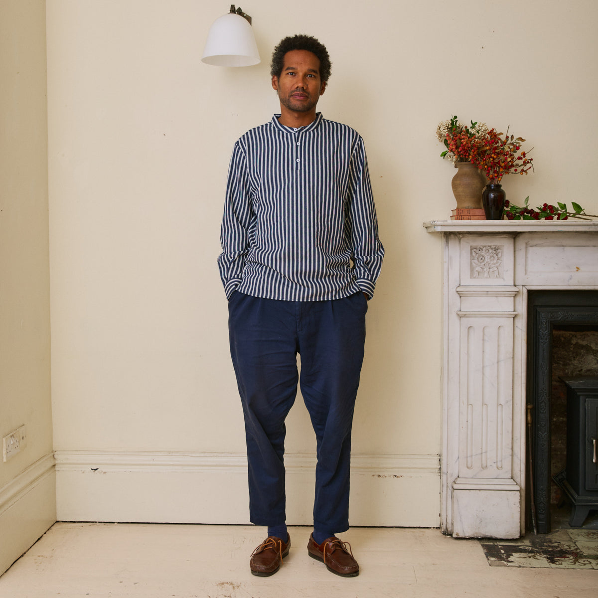 Unisex Navy Herringbone Work Shirt Striped