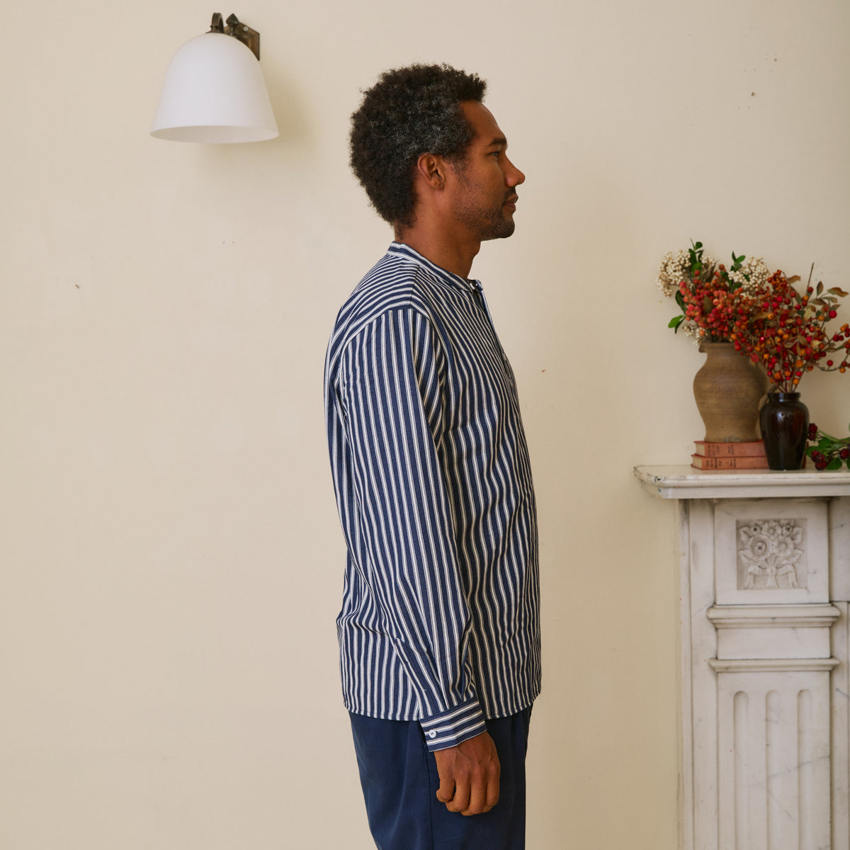 Unisex Navy Herringbone Work Shirt Striped