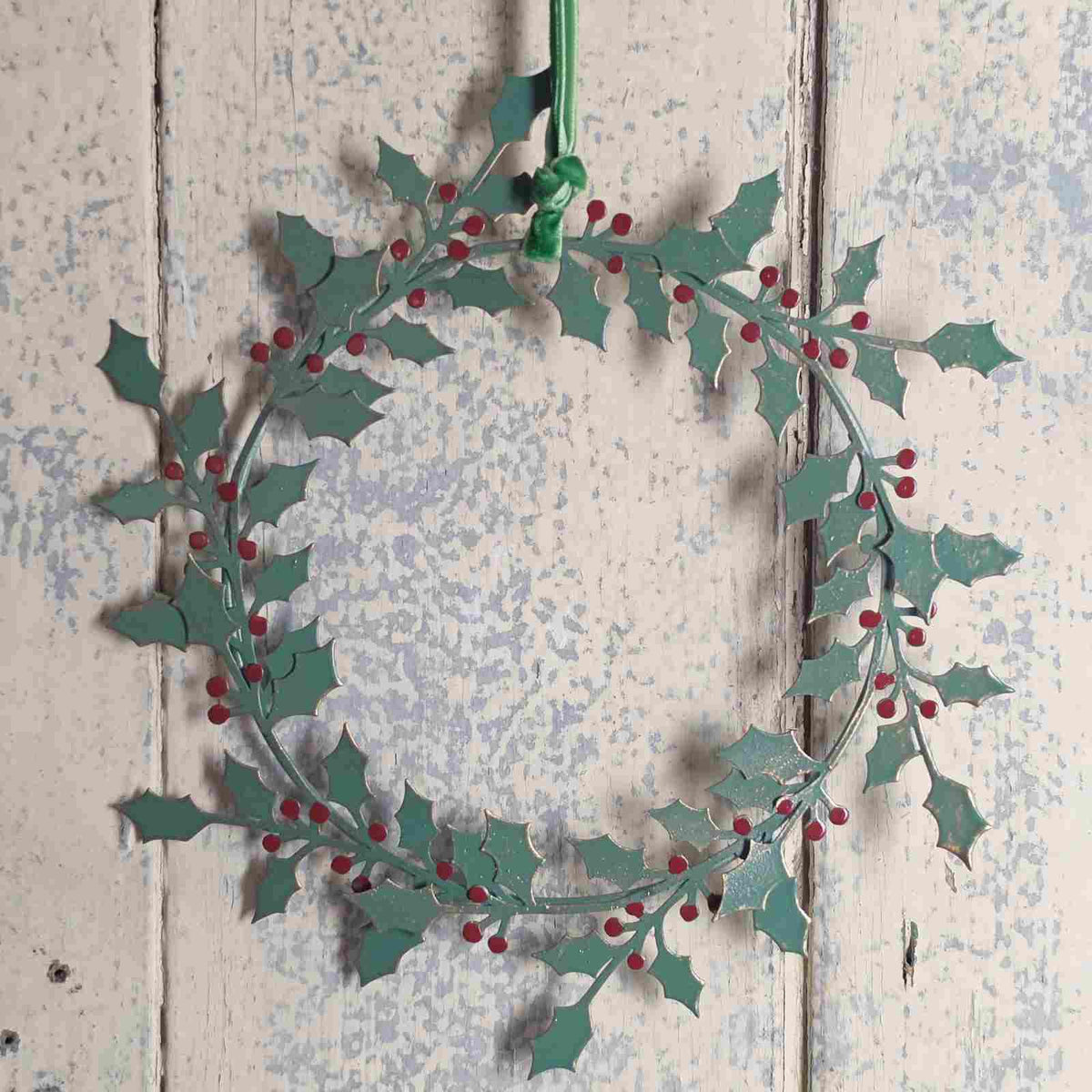 Hanging Metal Holly Wreath Decoration