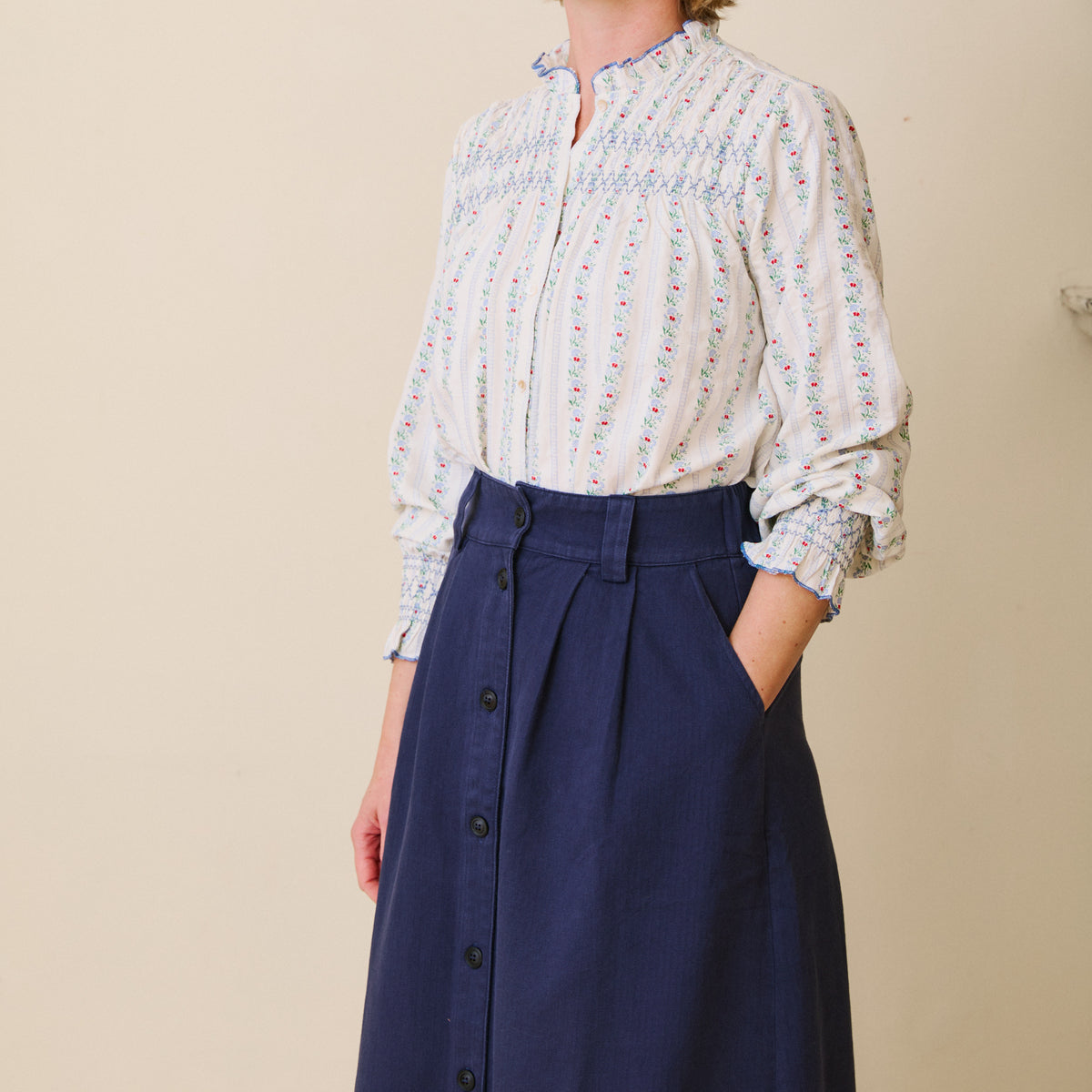 Herringbone Cotton Twill Skirt - Navy