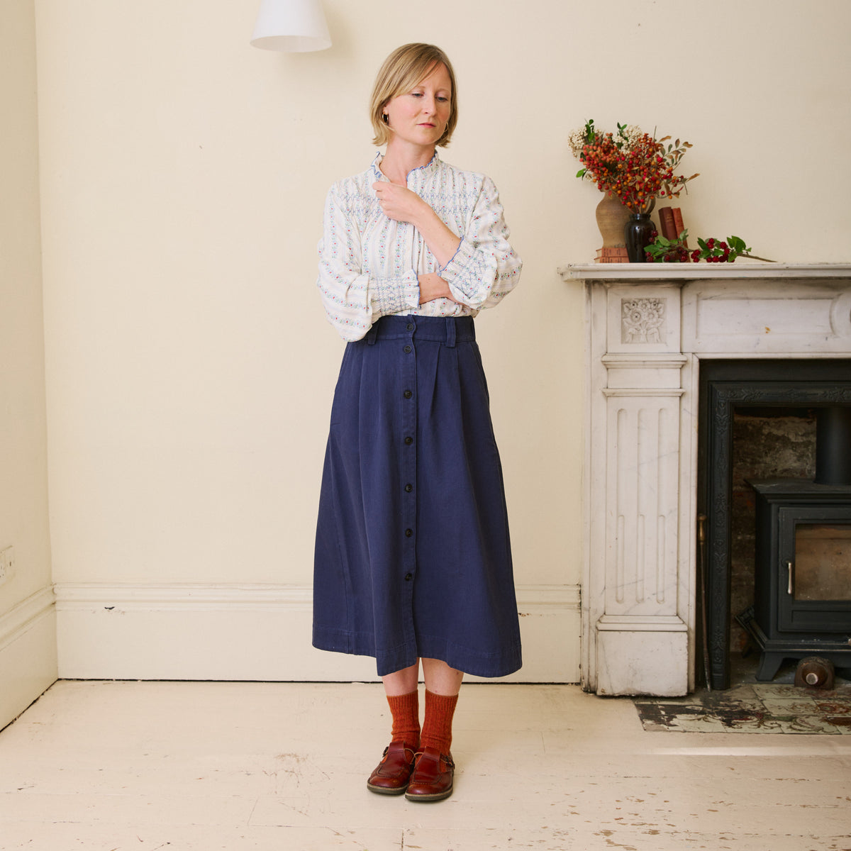 Herringbone Cotton Twill Skirt - Navy