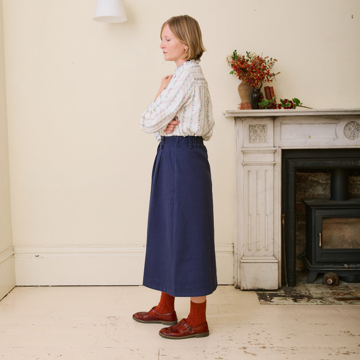 Herringbone Cotton Twill Skirt - Navy