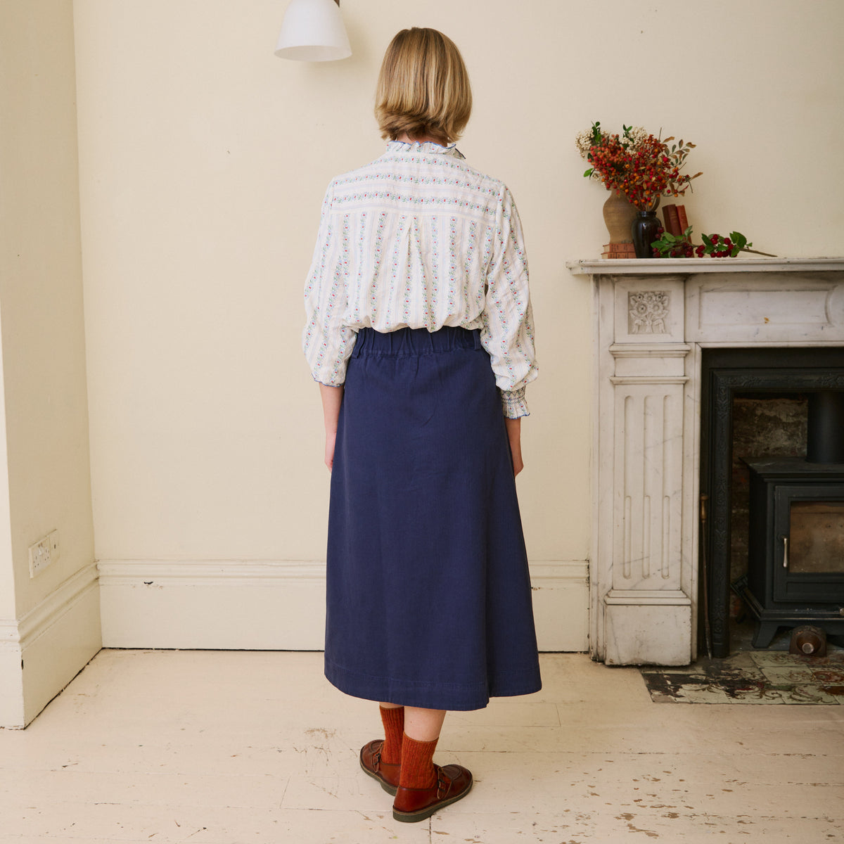Herringbone Cotton Twill Skirt - Navy