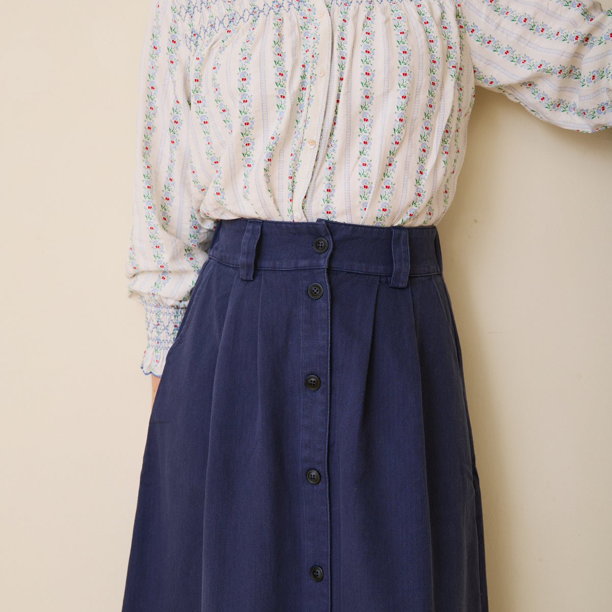 Herringbone Cotton Twill Skirt - Navy