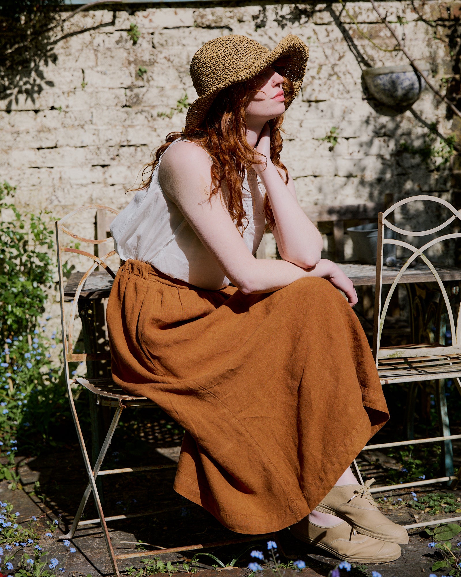 white cotton top with linen skirt