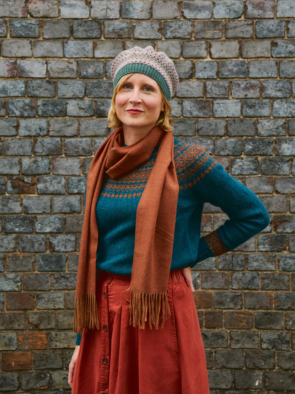 Classic Fair Isle Jumper - Dark Teal & Sienna