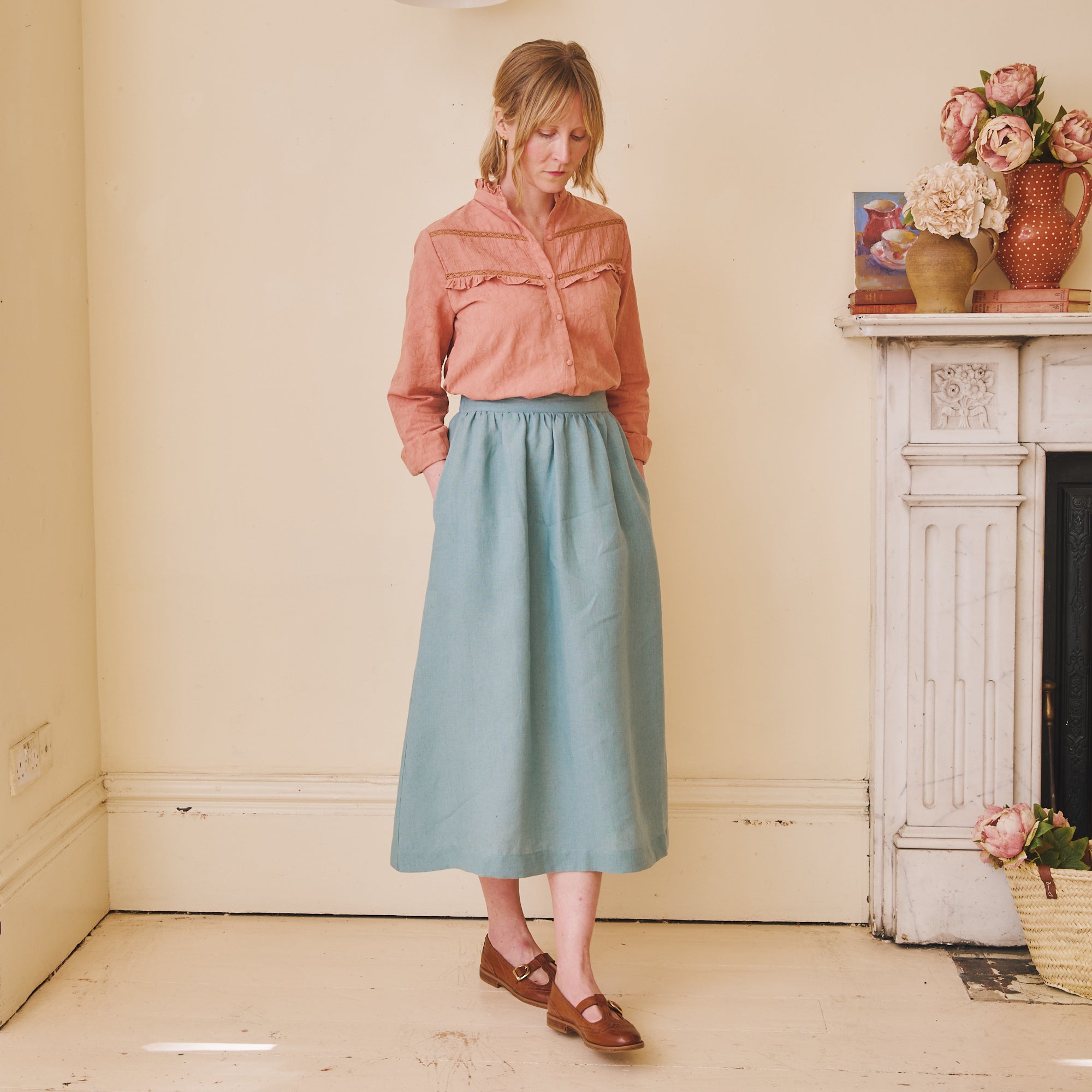 High Waisted Linen Skirt - Duck Egg