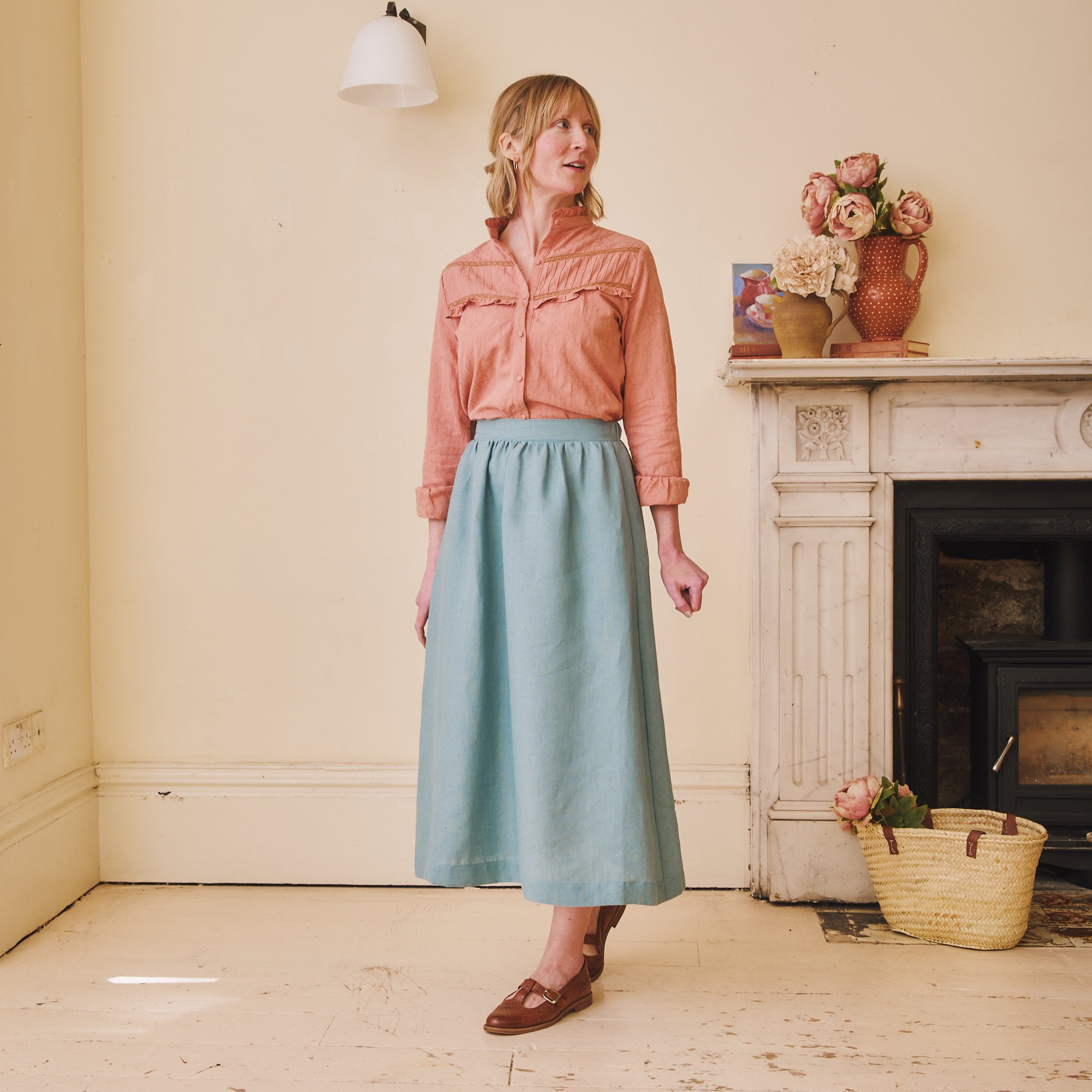 High Waisted Linen Skirt - Duck Egg
