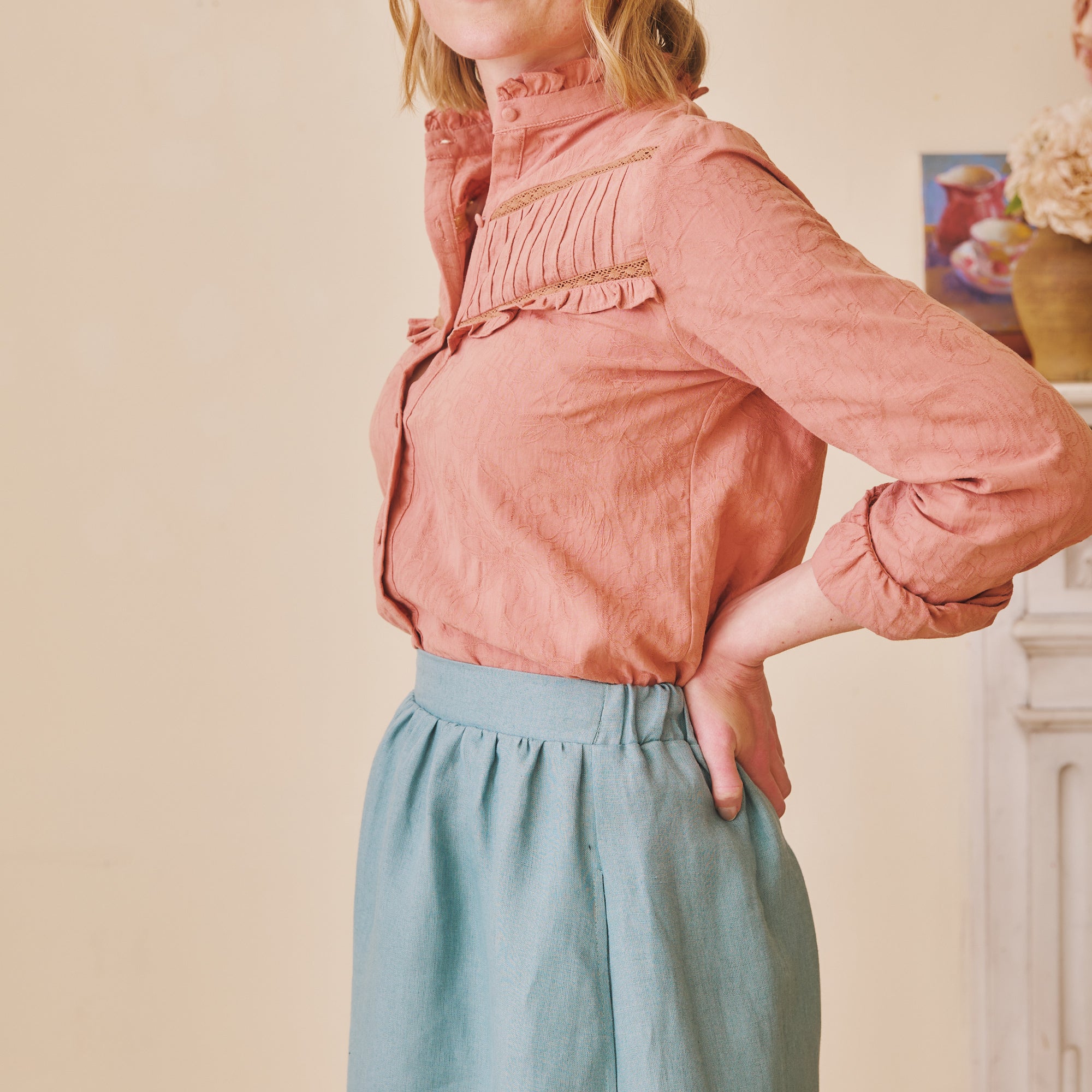 High Waisted Linen Skirt - Duck Egg