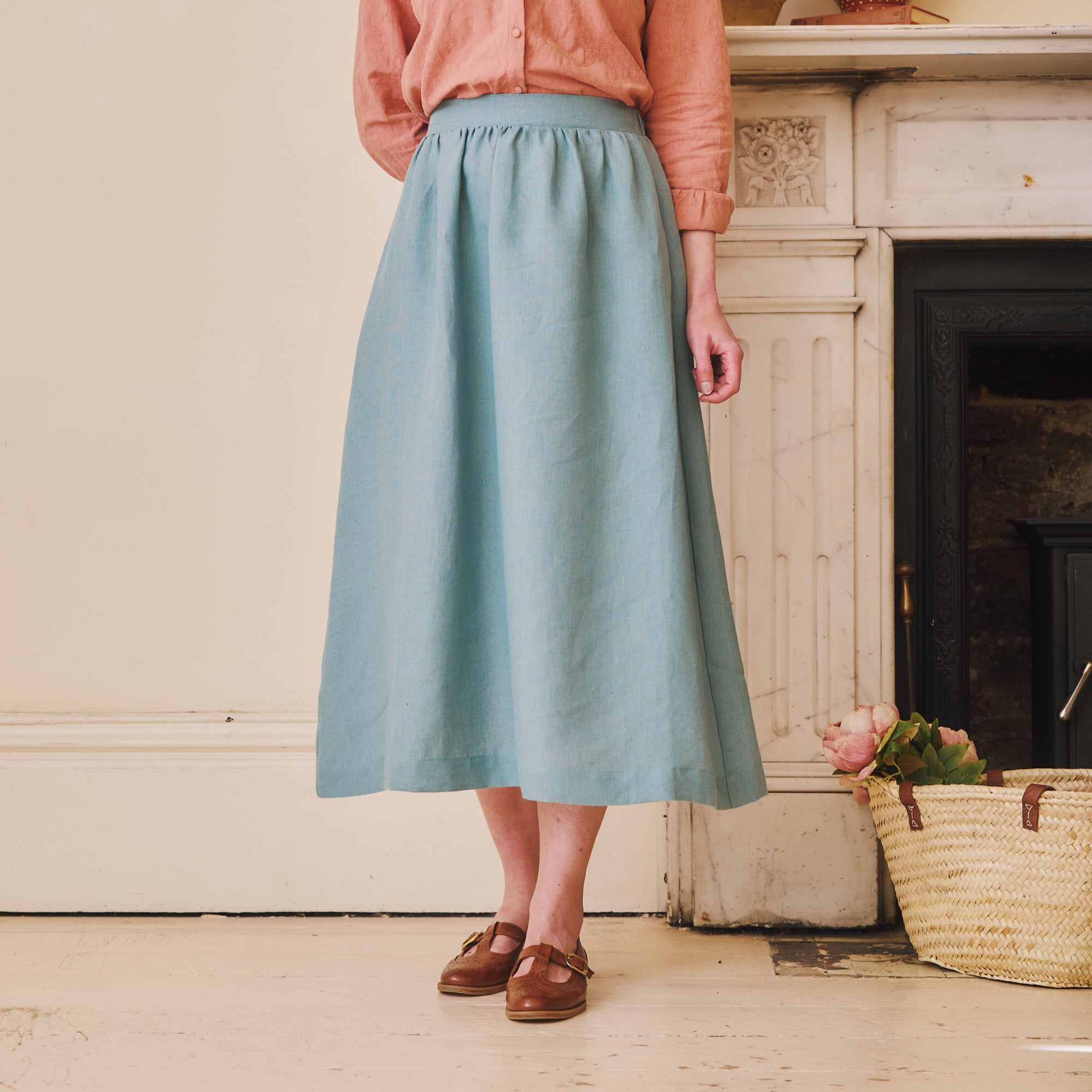 High Waisted Linen Skirt - Duck Egg