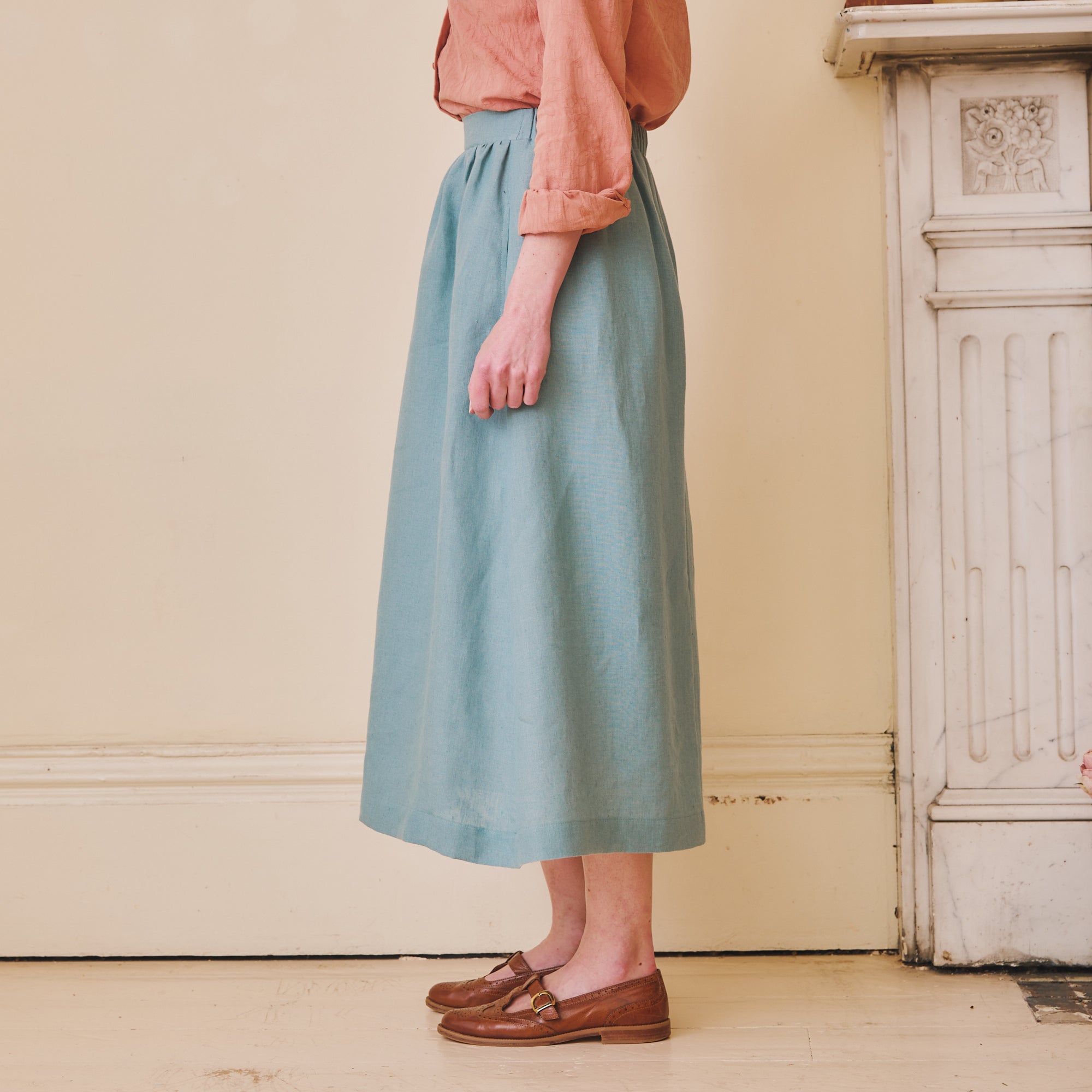 High Waisted Linen Skirt - Duck Egg