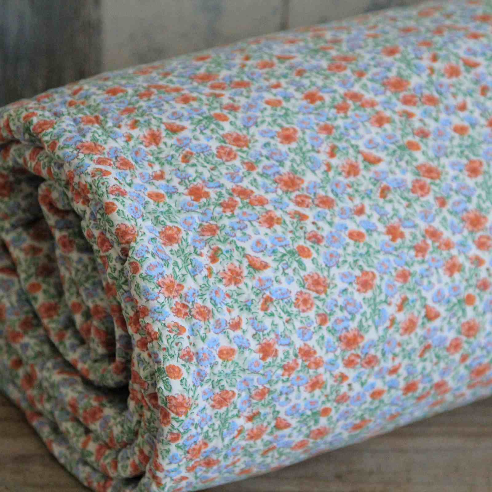 Quilted Bedspread - Rust & Blue Floral