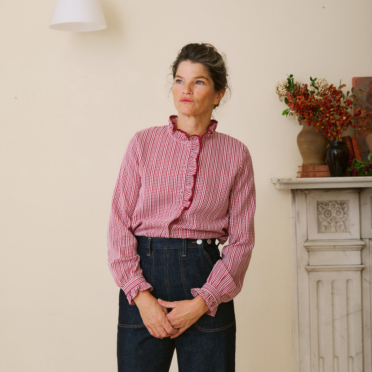 Burgundy Gingham Ruffle Blouse
