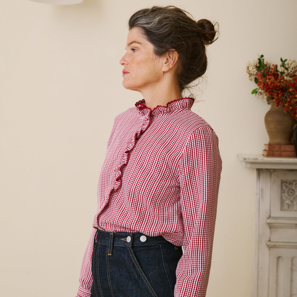 Burgundy Gingham Ruffle Blouse