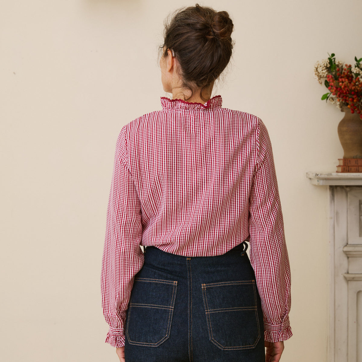Burgundy Gingham Ruffle Blouse