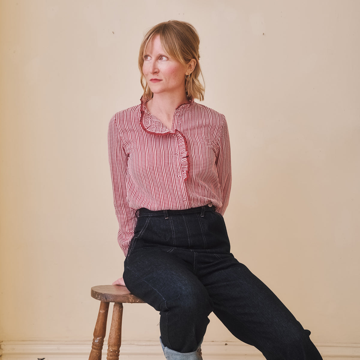 Burgundy Gingham Ruffle Blouse