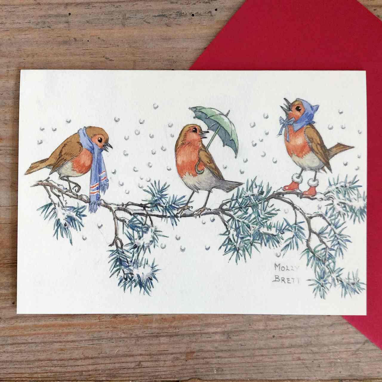 Single Vintage Christmas Card - Robins on Branch