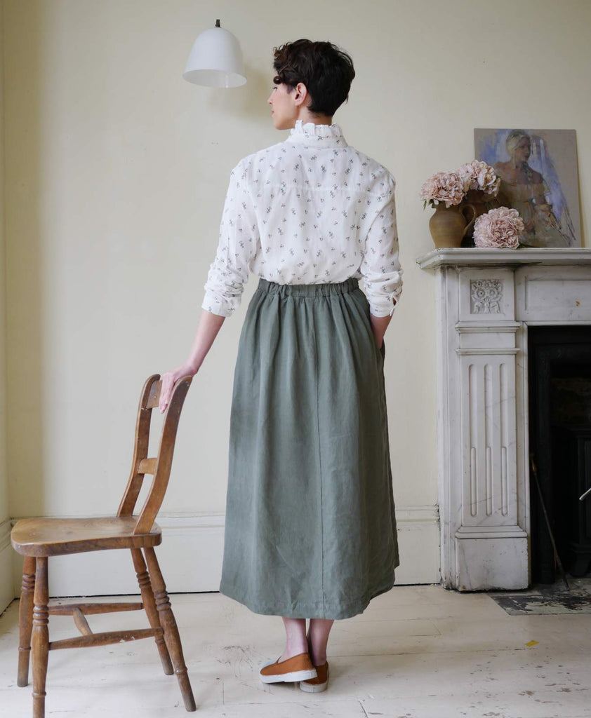 High Waisted Linen Midi Skirt - Olive