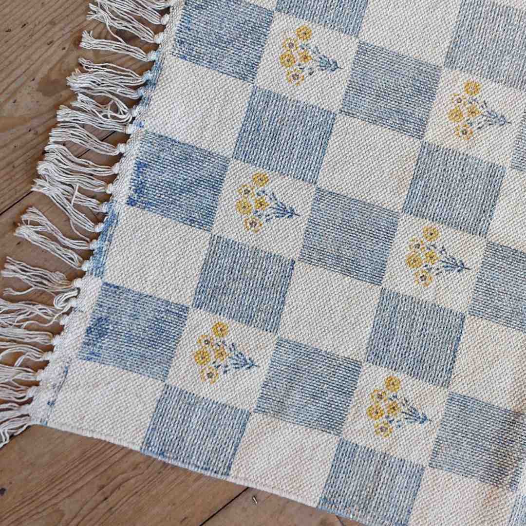 Handwoven Rug - Blue Check &amp; Yellow Posy