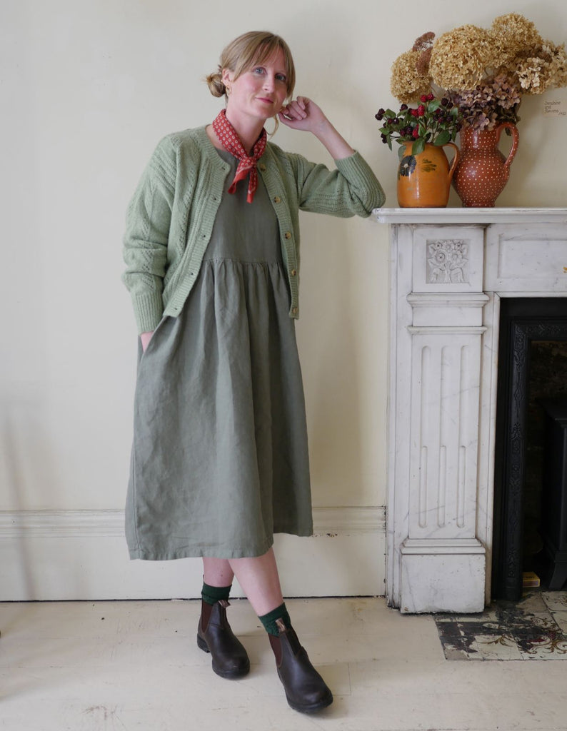 Handmade Linen Smock Dress in Olive