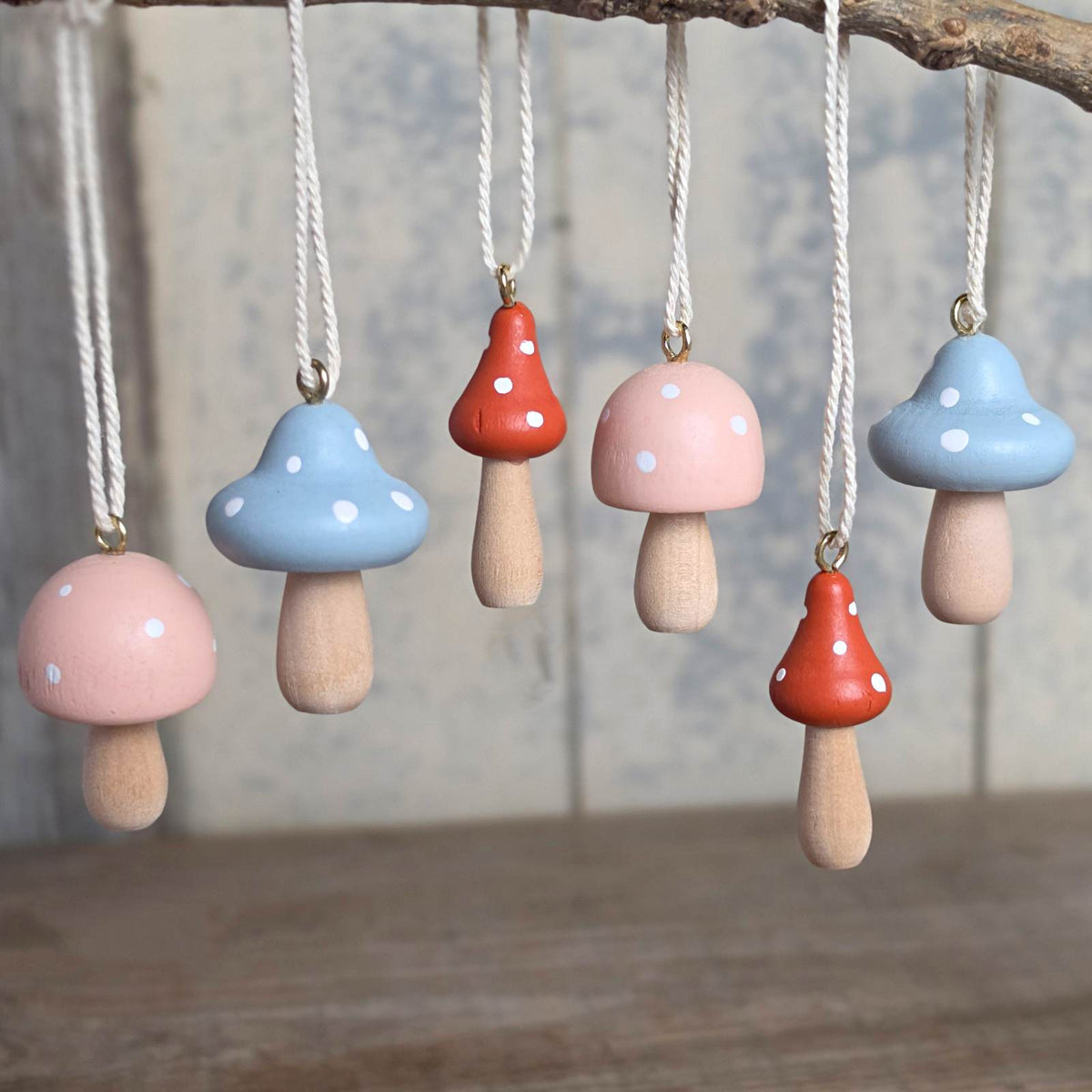 Set of six wooden Toadstool Decorations