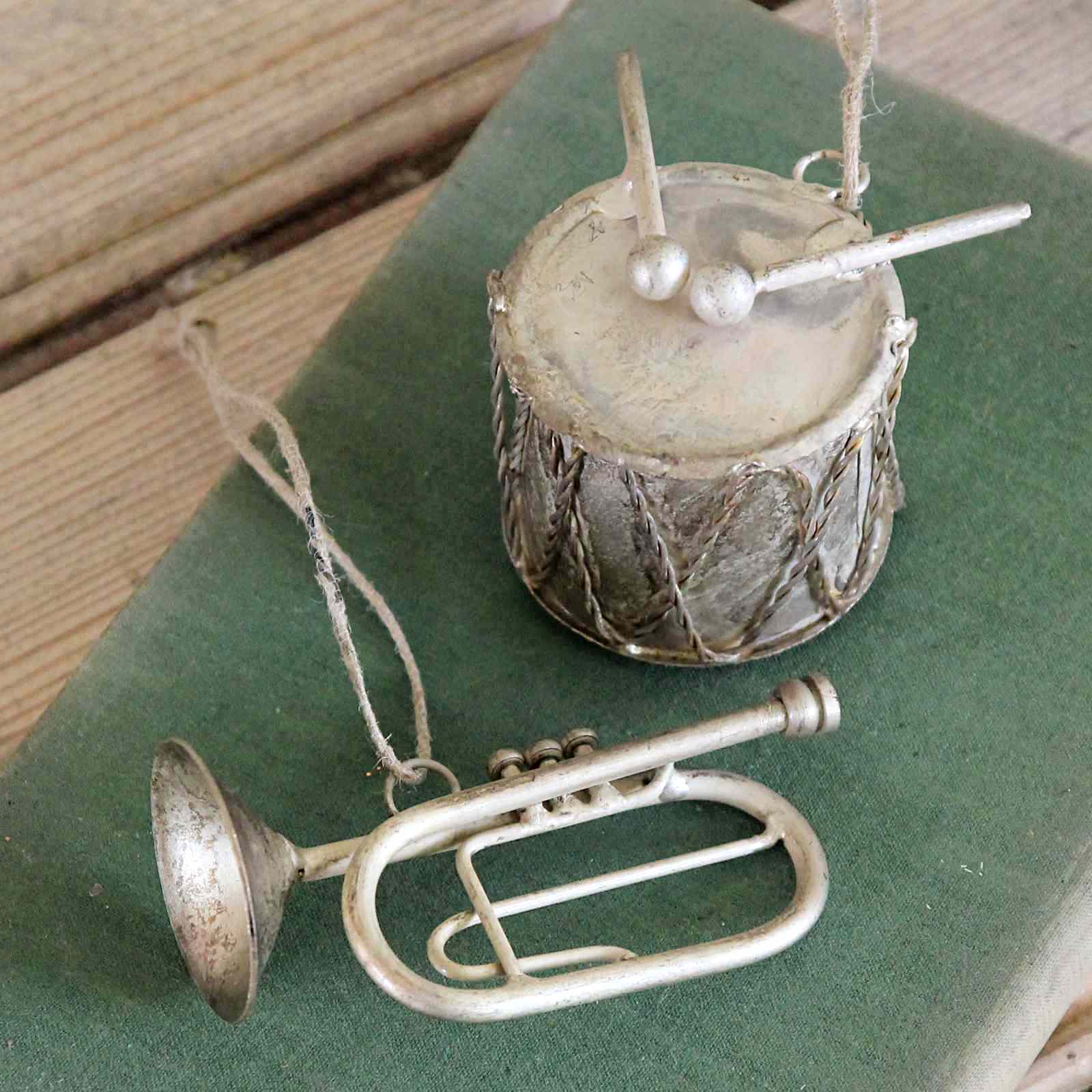 Antique Silver Trumpet and Drum Decoration