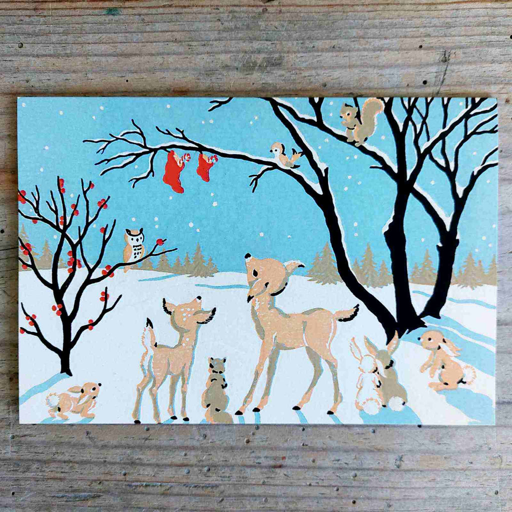 Traditional Vintage Christmas Card - Animals of the Forest 