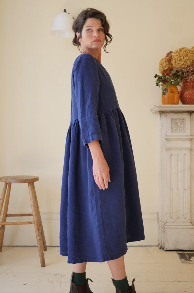 Handmade Linen Midi Dress in Navy