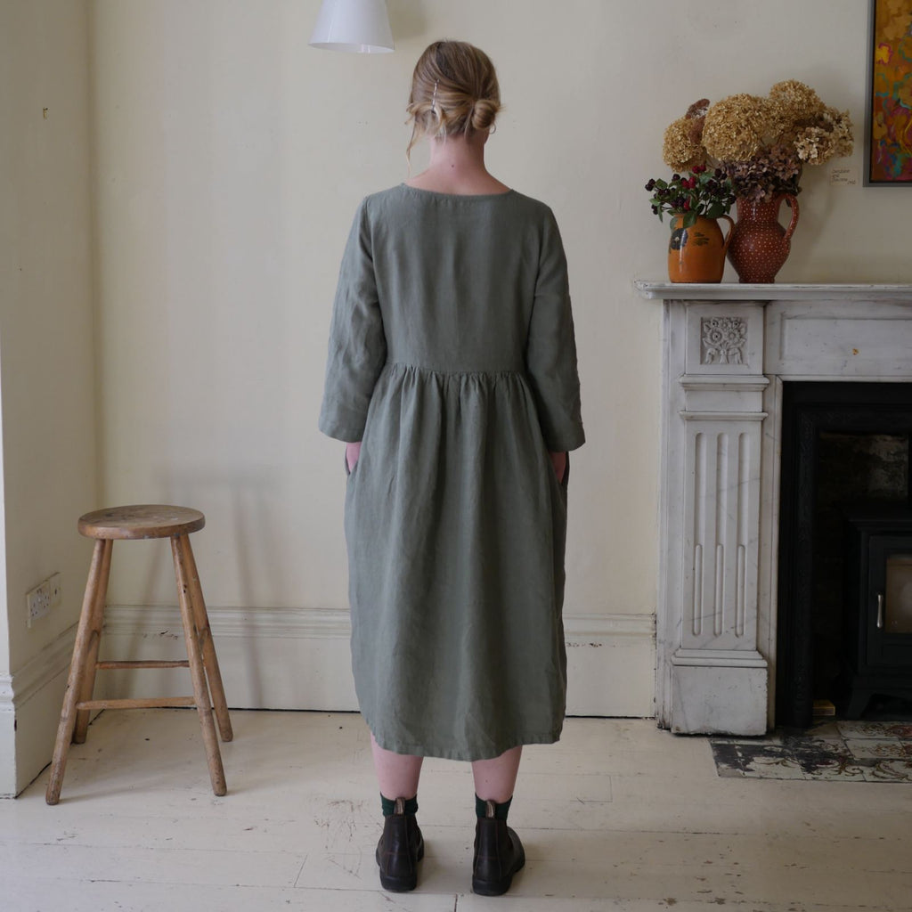 Handmade Linen Smock Midi Dress in Olive