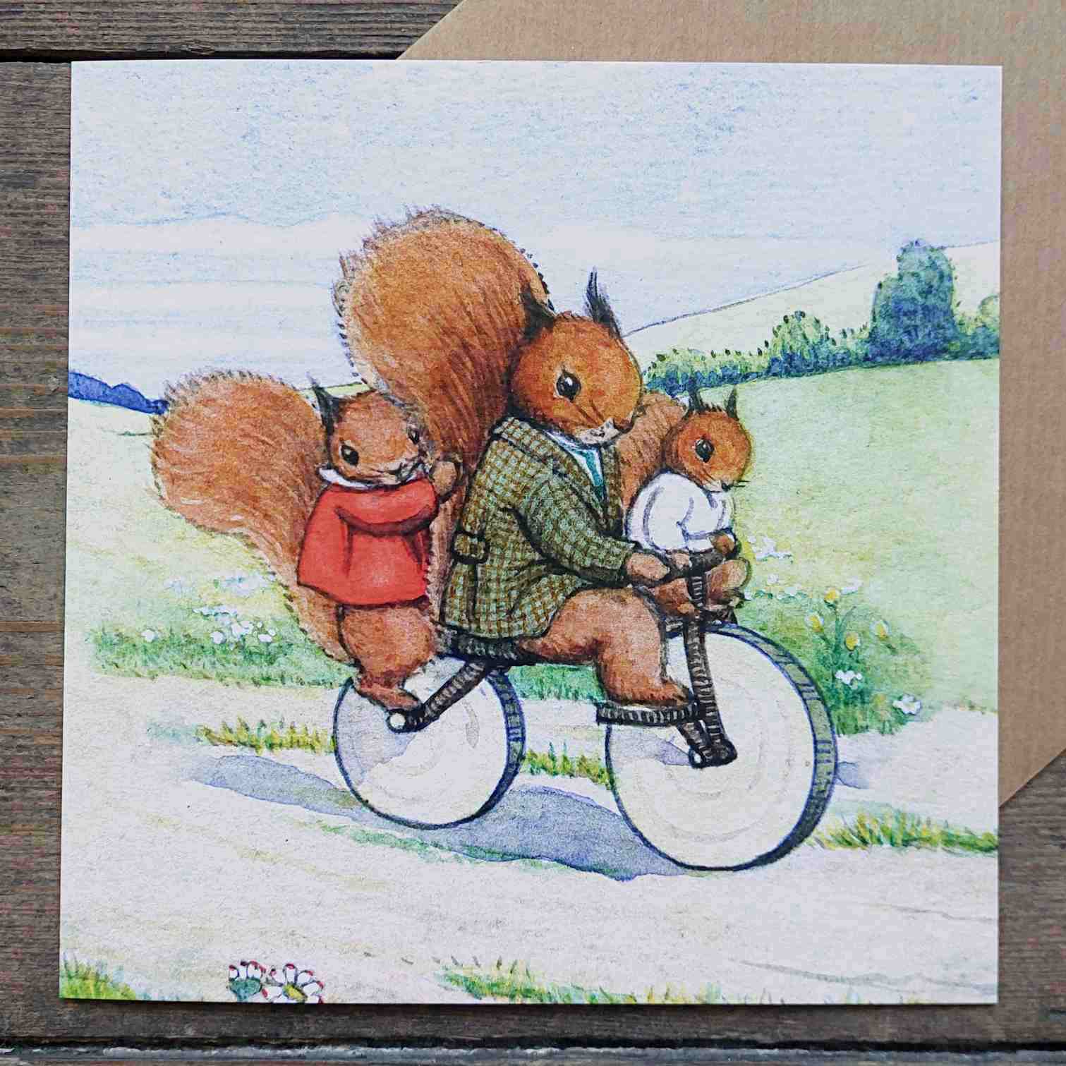 Squirrels on a Bicycle - Vintage Greeting Card