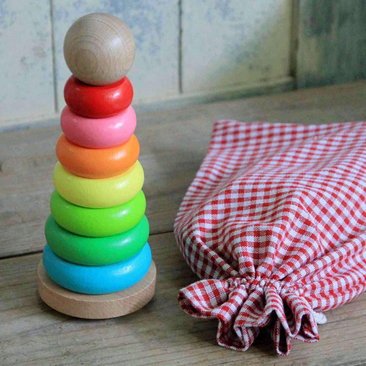 Wooden Stacking Tower in Gingham Bag