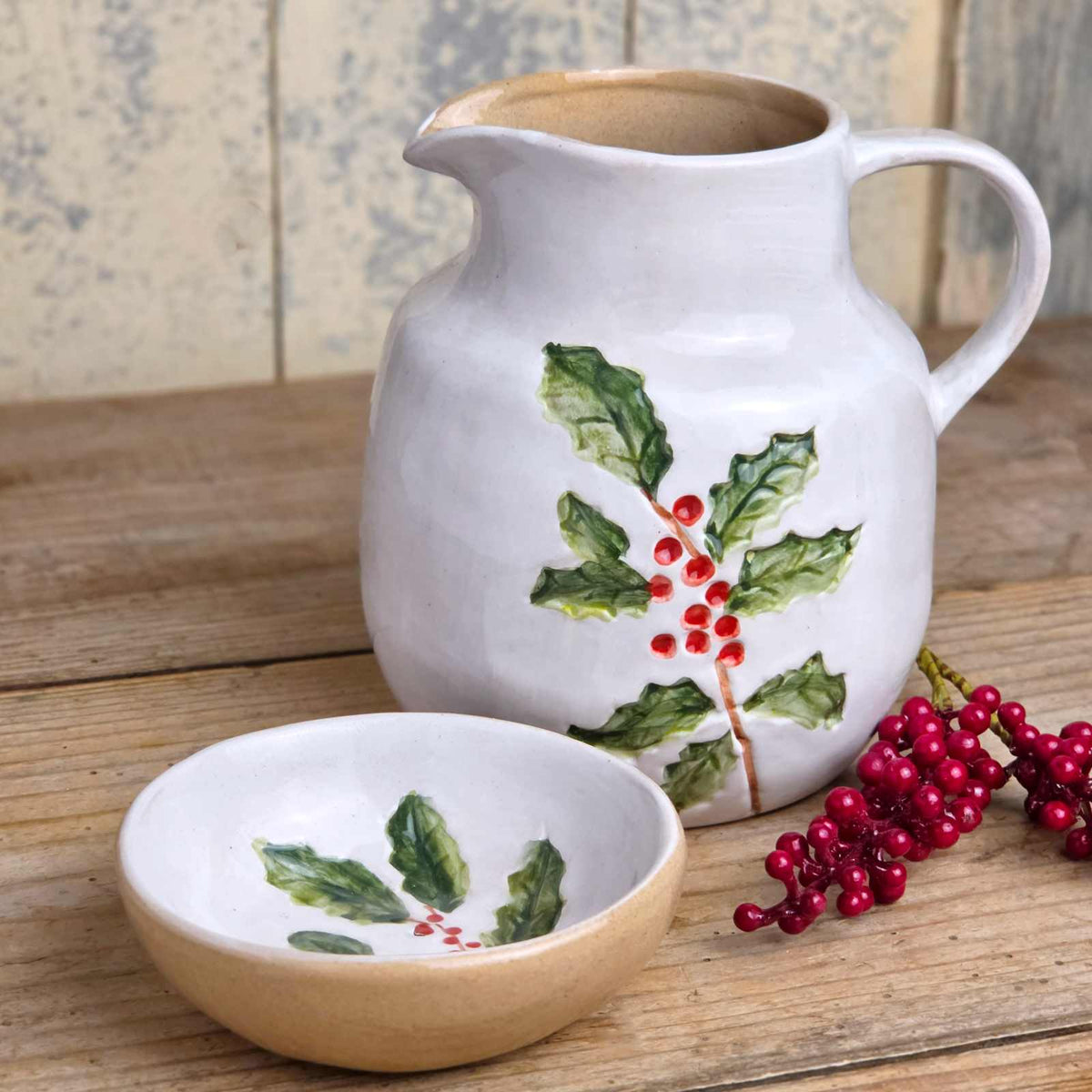 Stoneware Jug and Bowl - Holly & Berries
